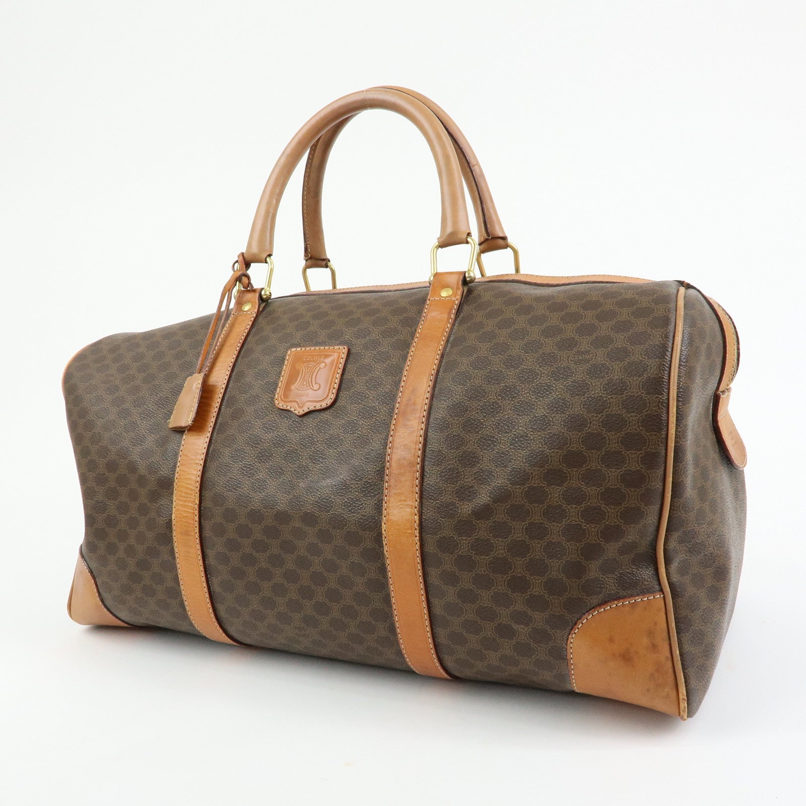 CELINE Logo Macadam PVC Leather Boston Bag Hand Bag Brown
