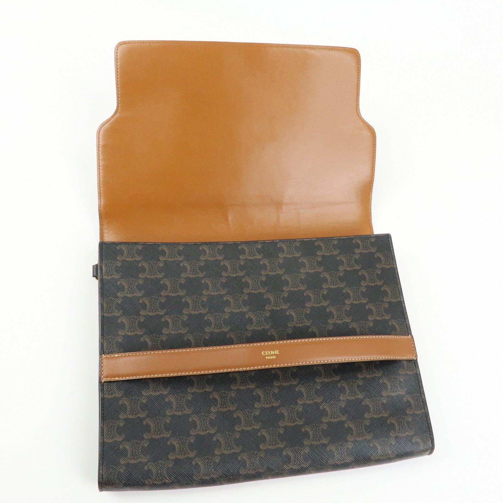 CELINE Triomphe PVC Leather Clutch Bag Pouch Black Brown