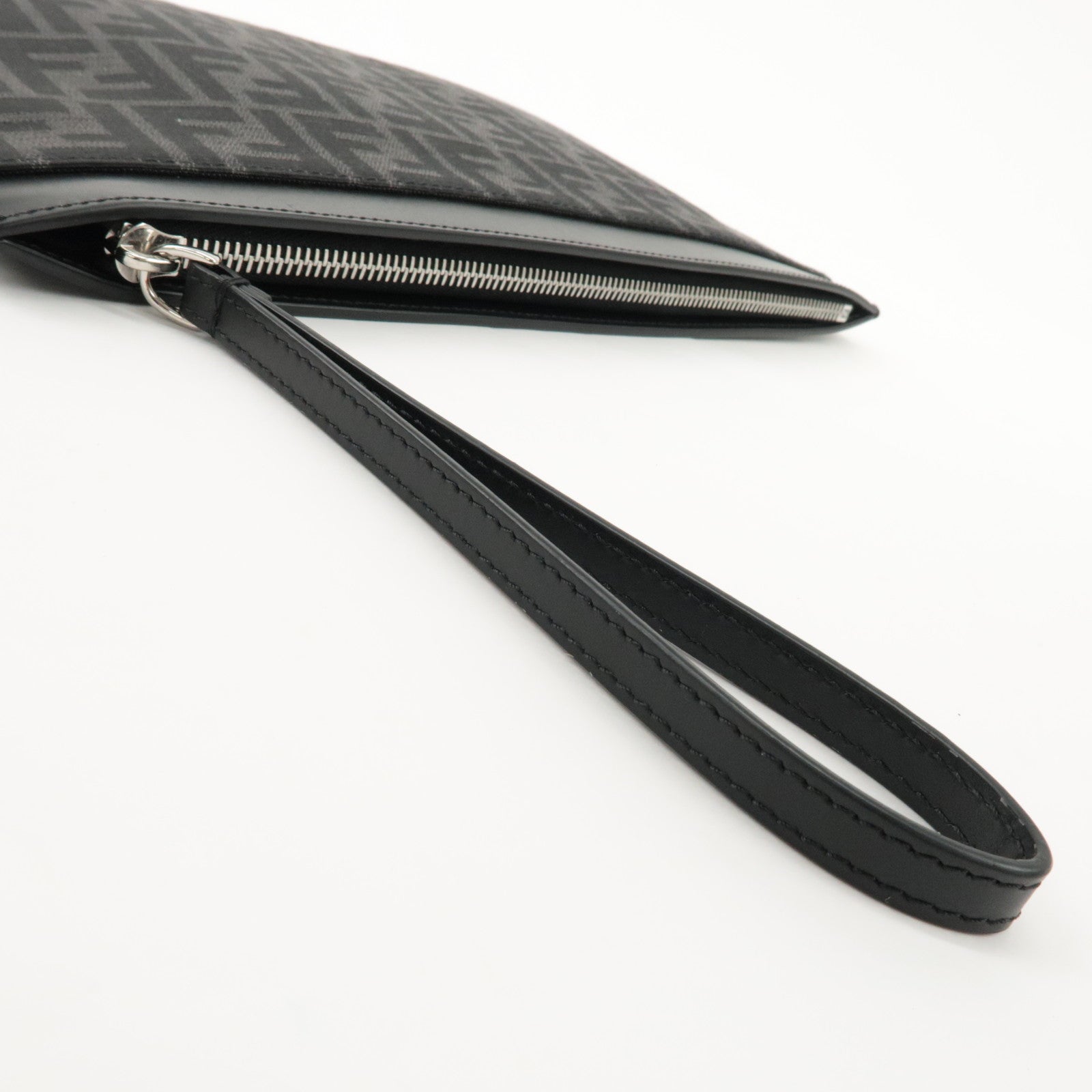 FENDI Zucca Leather Canvas Slim Clutch Medium Black Gray 7N0134 Used