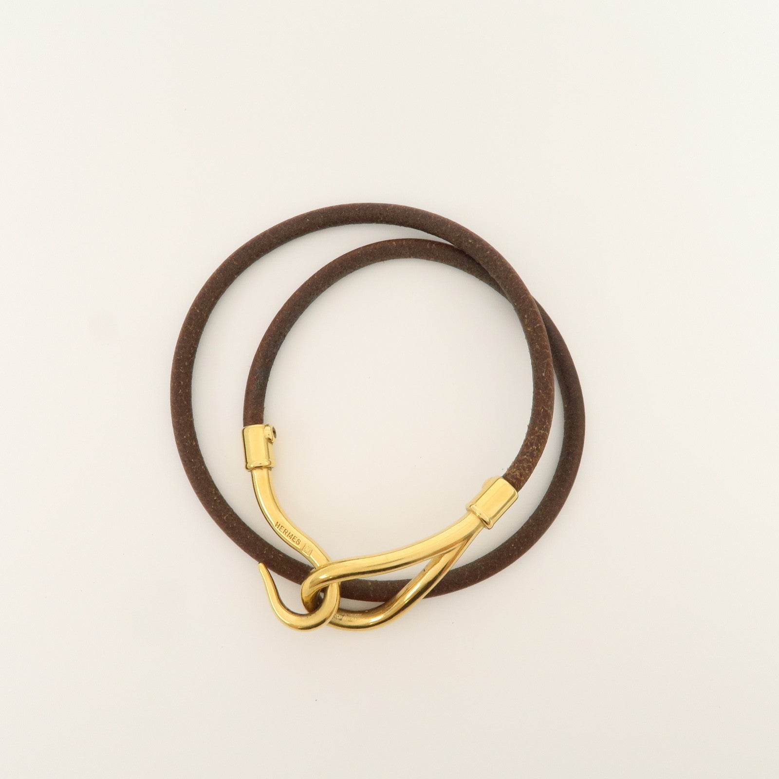 HERMES Logo Leather Metal Jumbo Choker Bracelet Brown