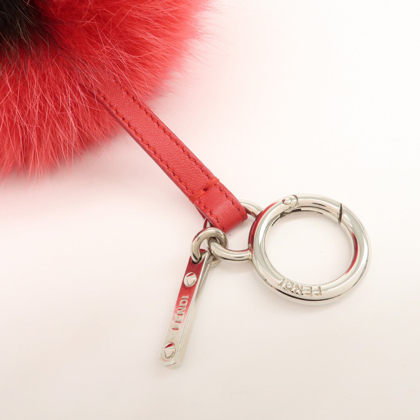 FENDI ABCHARM Initial A Pompom Fur Leather Bag Charm Key Chain Red