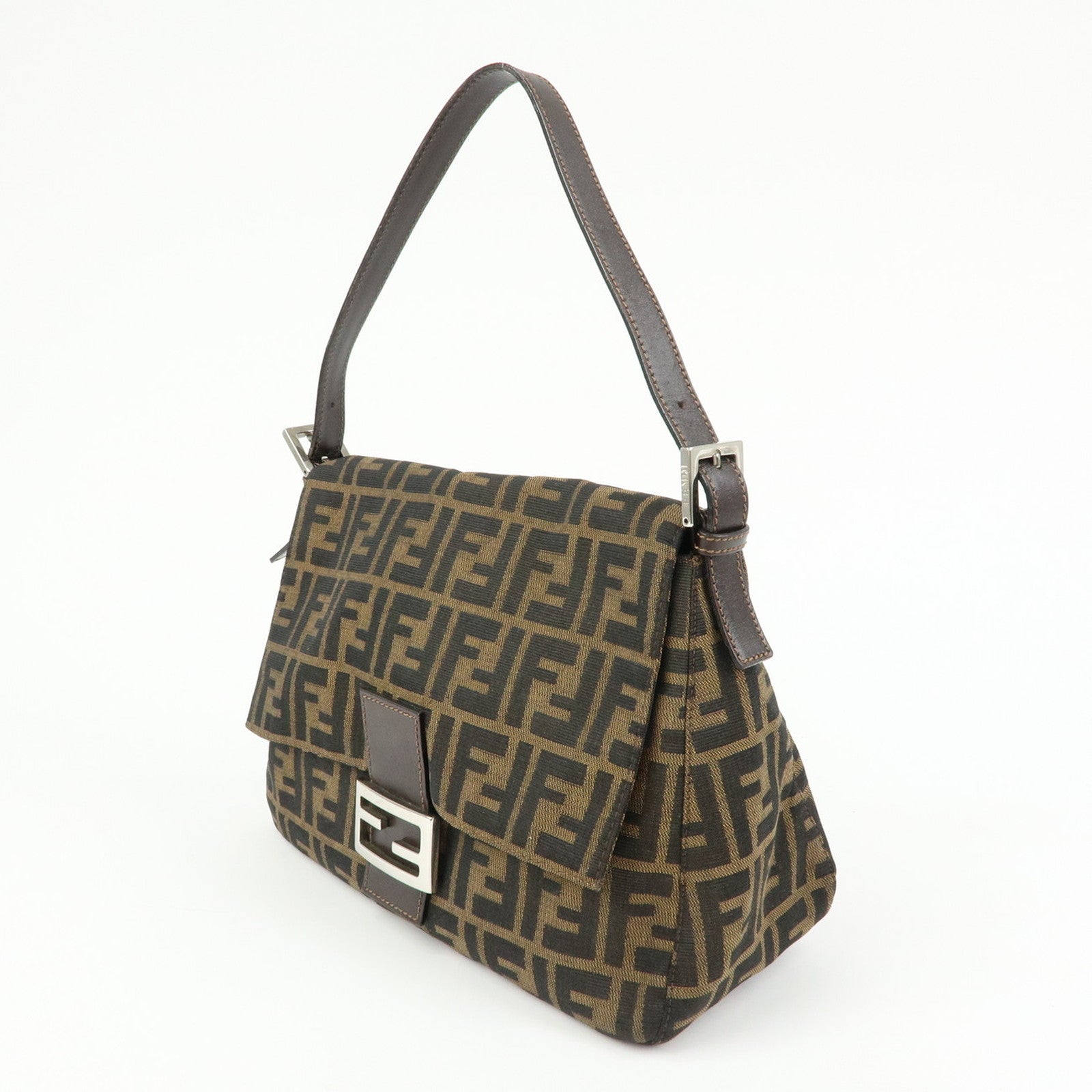 FENDI Mamma Baguette Zucca Canvas Leather Shoulder Bag Brown 26325