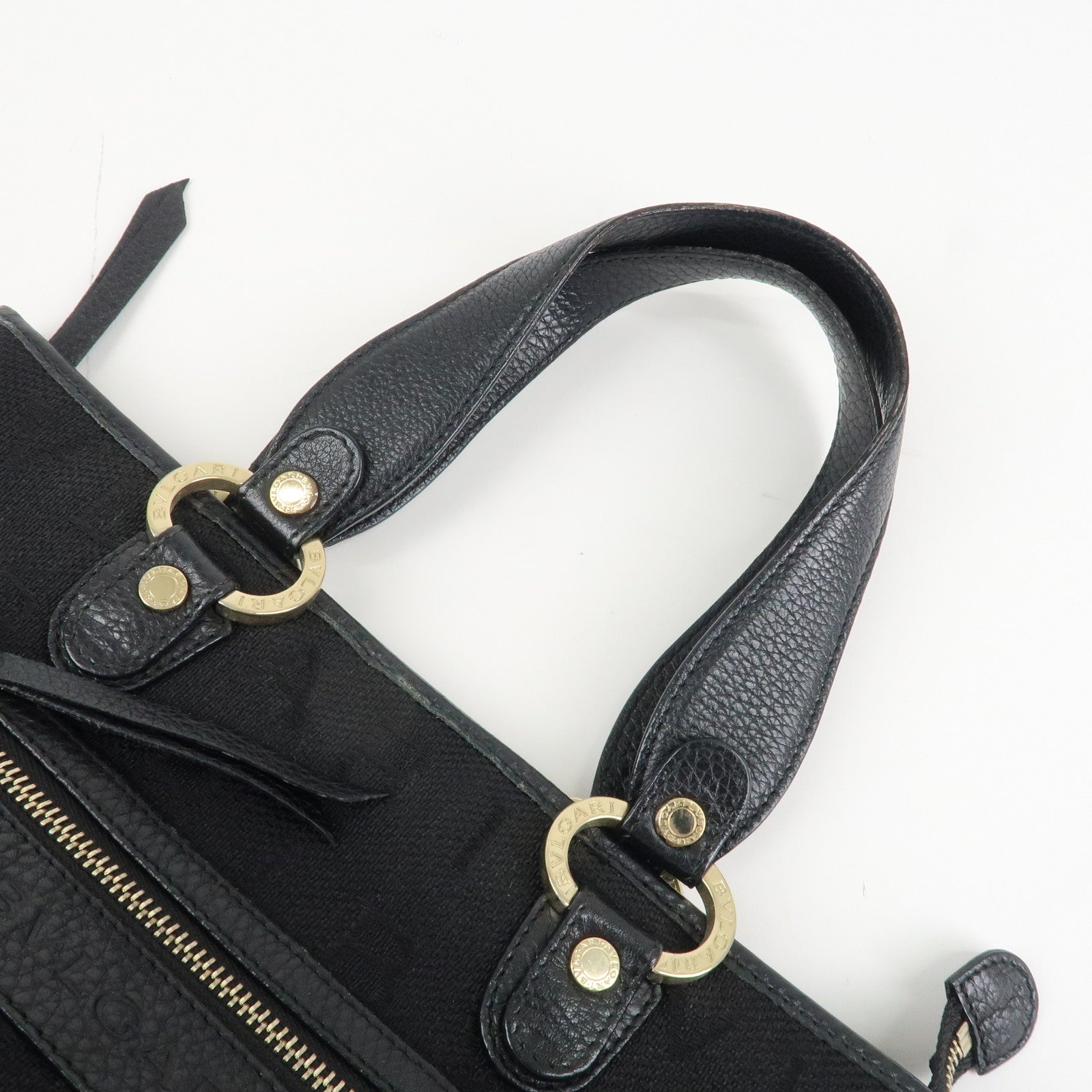 BVLGARI Logo Mania Leather Canvas Tote Bag Hand Bag Black Used