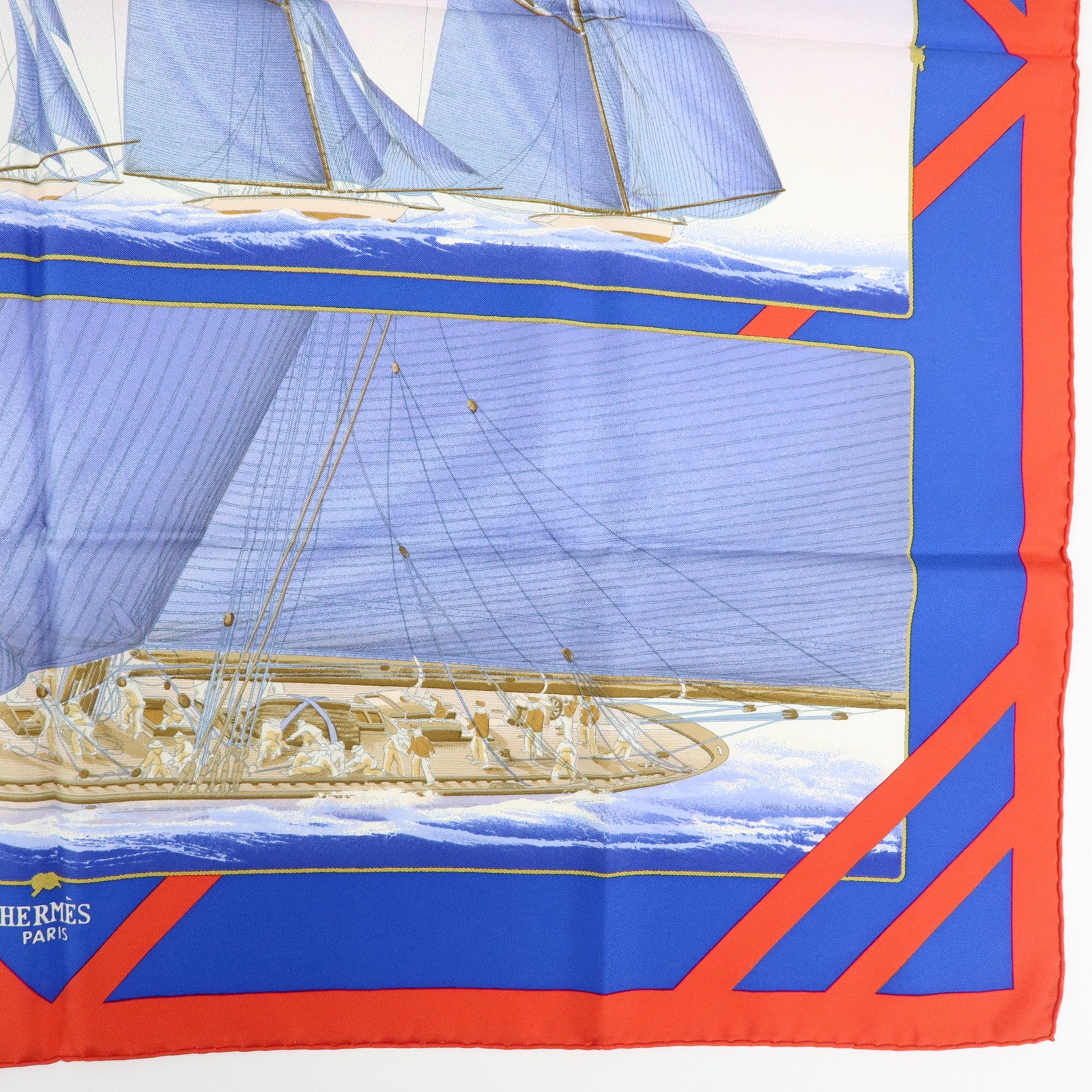 HERMES Carre 90 Silk 100% Scarf RAFALES Ship Print Blue Red