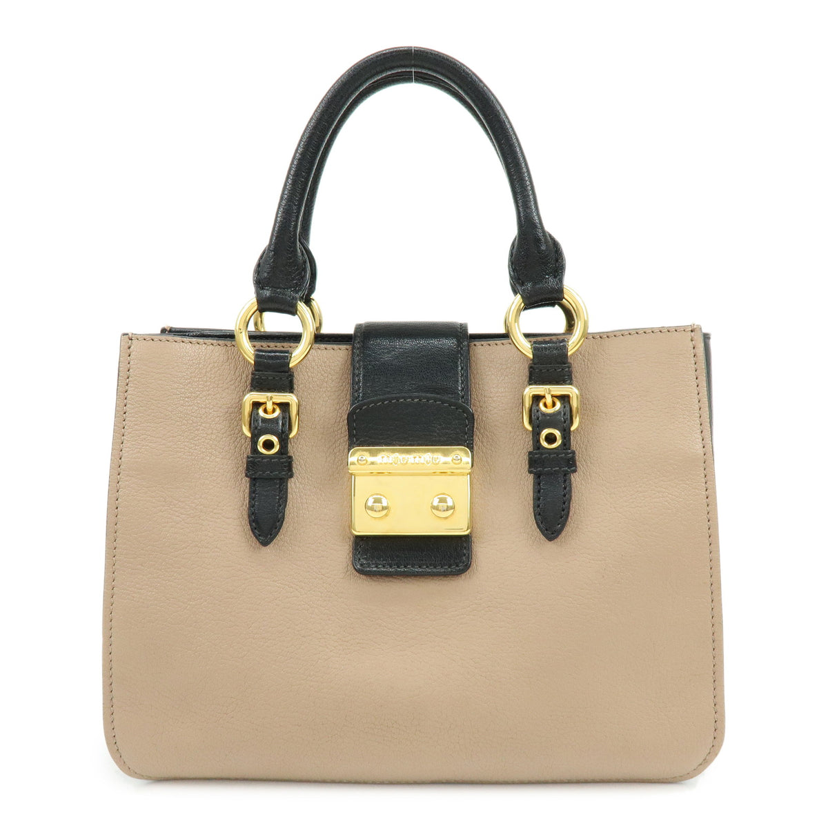 MIU MIU Madras Leather 2Way Hand Bag Bi-color Beige Black RN0799