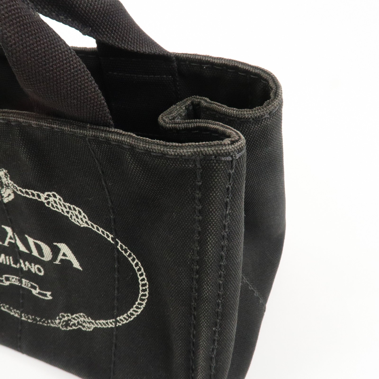 PRADA Logo Canapa Mini Canvas Tote Bag Hand Bag Black BN2439 Used