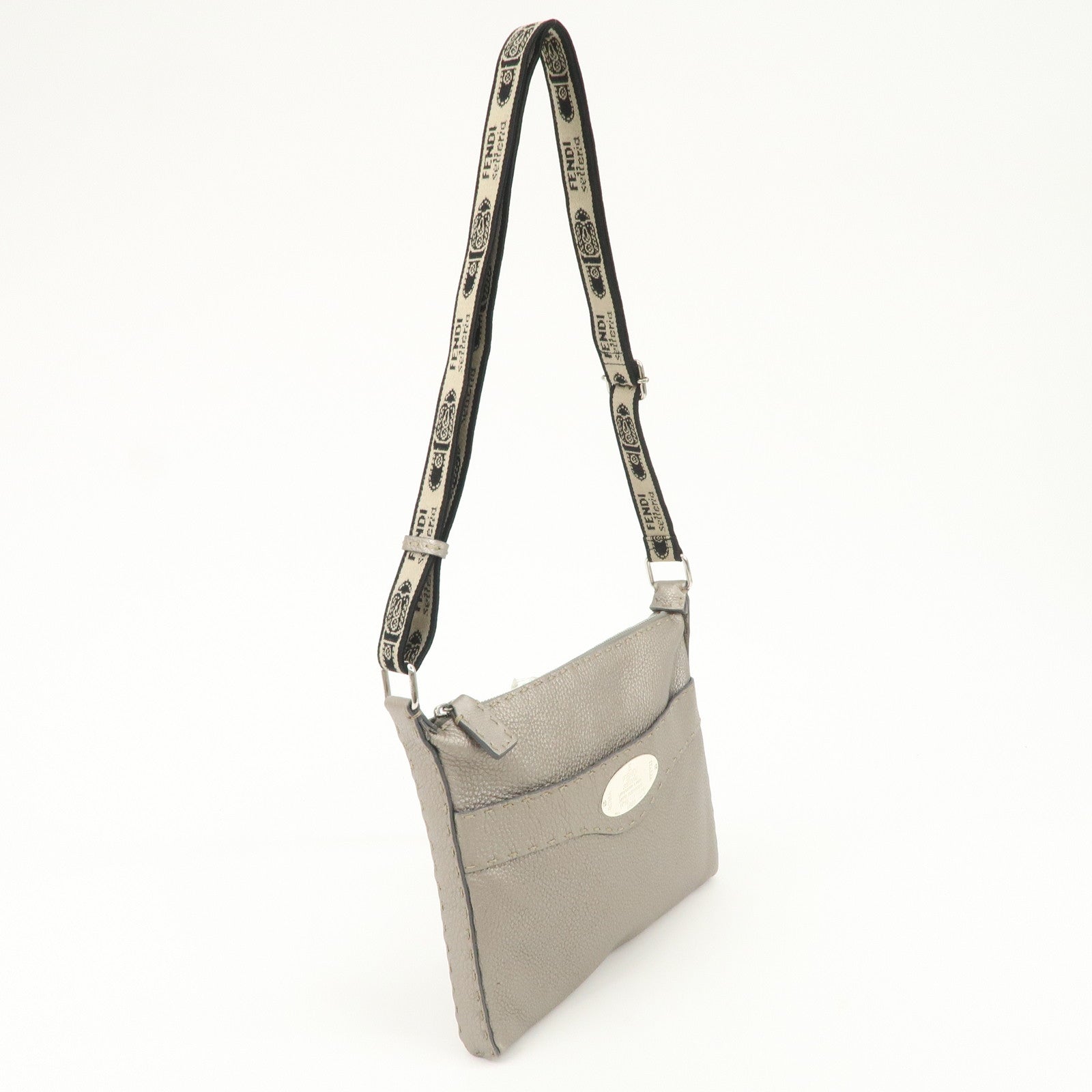 FENDI Selleria Leather Shoulder Bag Crossbody Bag Gray 8BT092