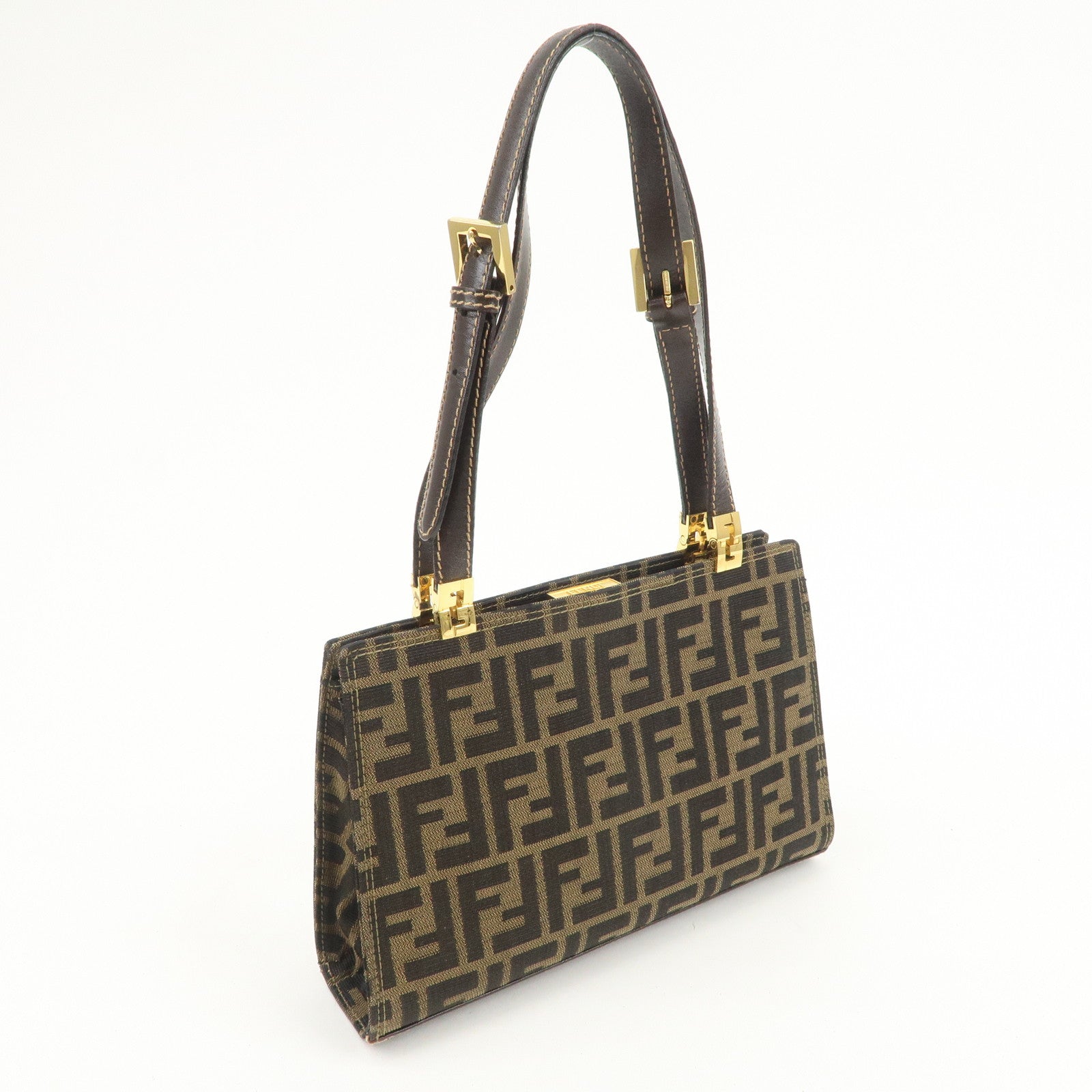 FENDI Zucca Canvas Leather Shoulder Bag Hand Bag Brown Black