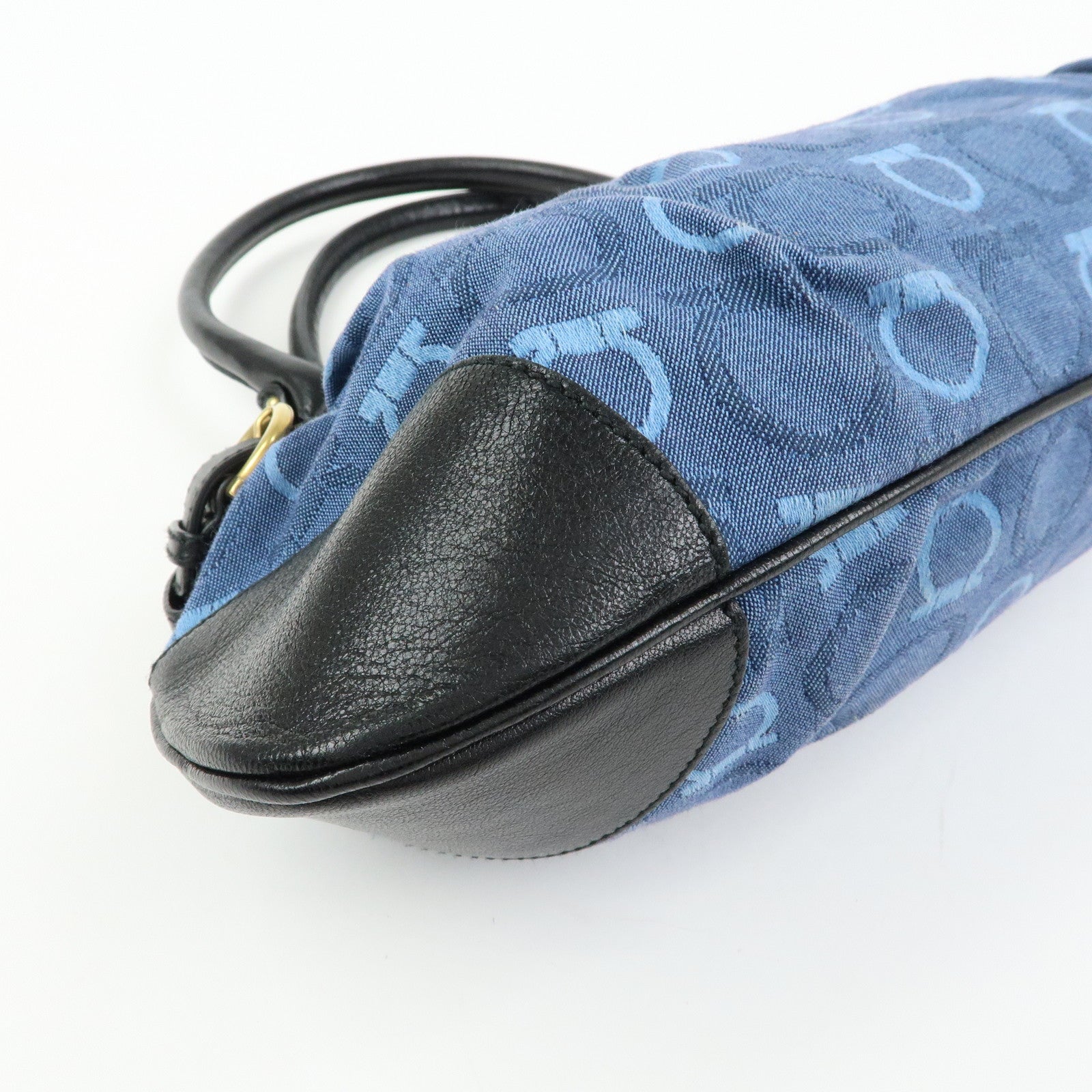 Ferragamo Gancini Canvas Leather Hand Bag Shoulder Bag Blue Black