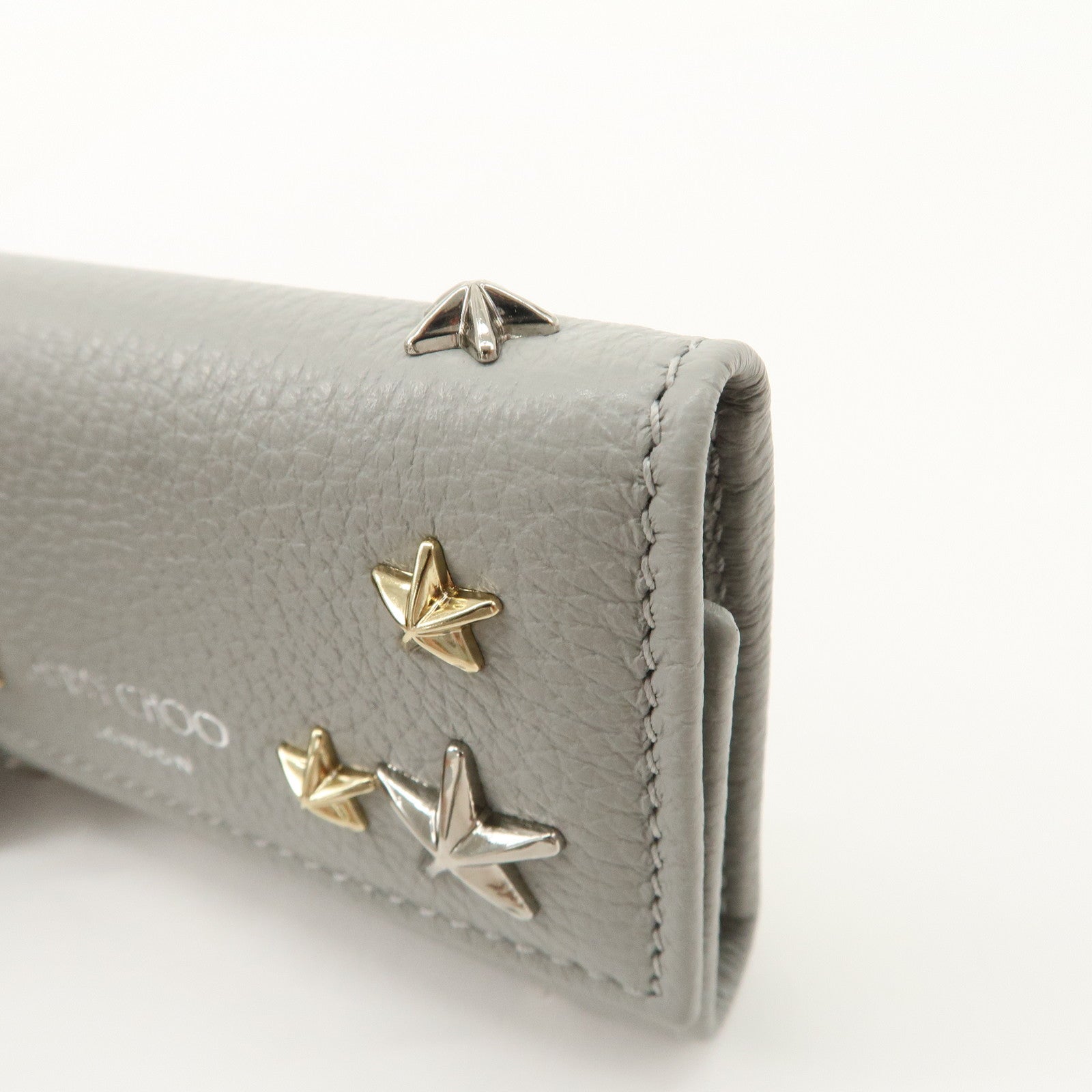 JIMMY CHOO Neptune Leather Studs Key Case Gray Silver Gold 101953 Used