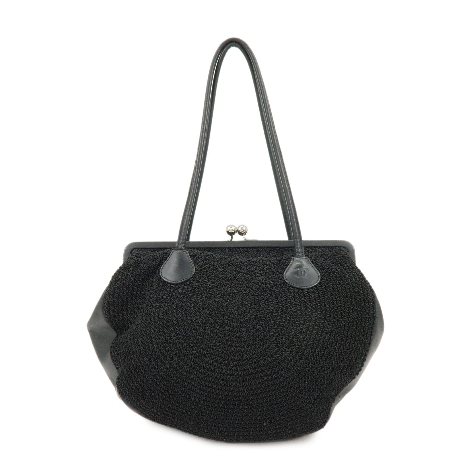 CHANEL COCO Mark Nylon Leather Kiss Lock Purse Shoulder Bag Black