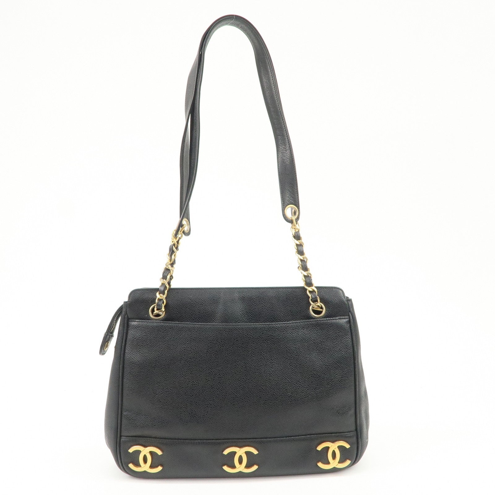 CHANEL Triple COCO Mark Caviarskin Shoulder Bag Black Gold HDW Used