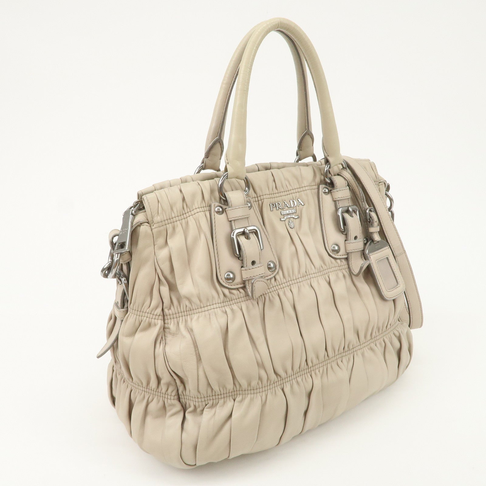 PRADA Logo Leather Gathered 2Way Hand Bag Beige BN1336