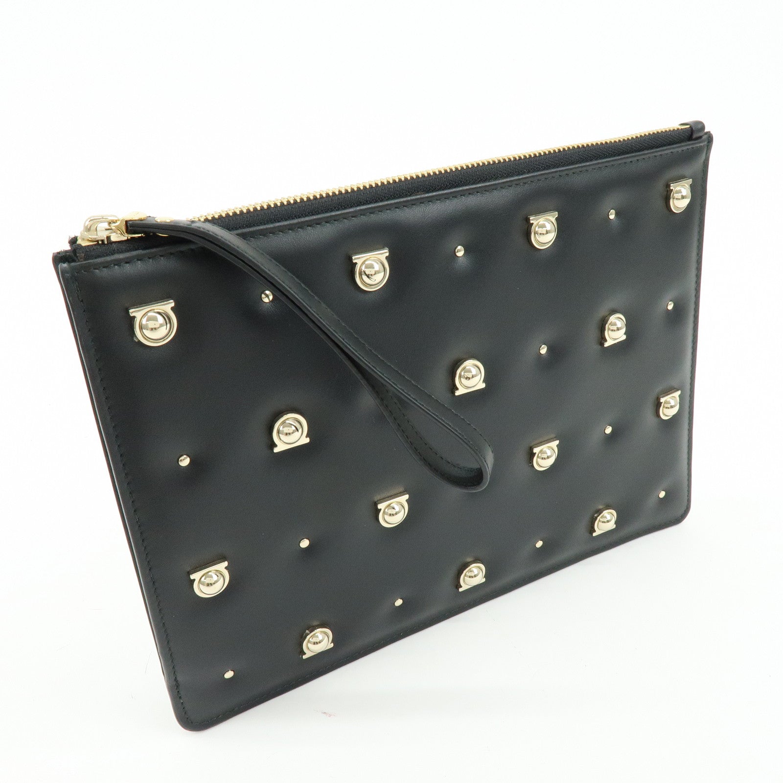 Ferragamo Gancini Leather Clutch Bag Pouch Cosmetic Bag Black