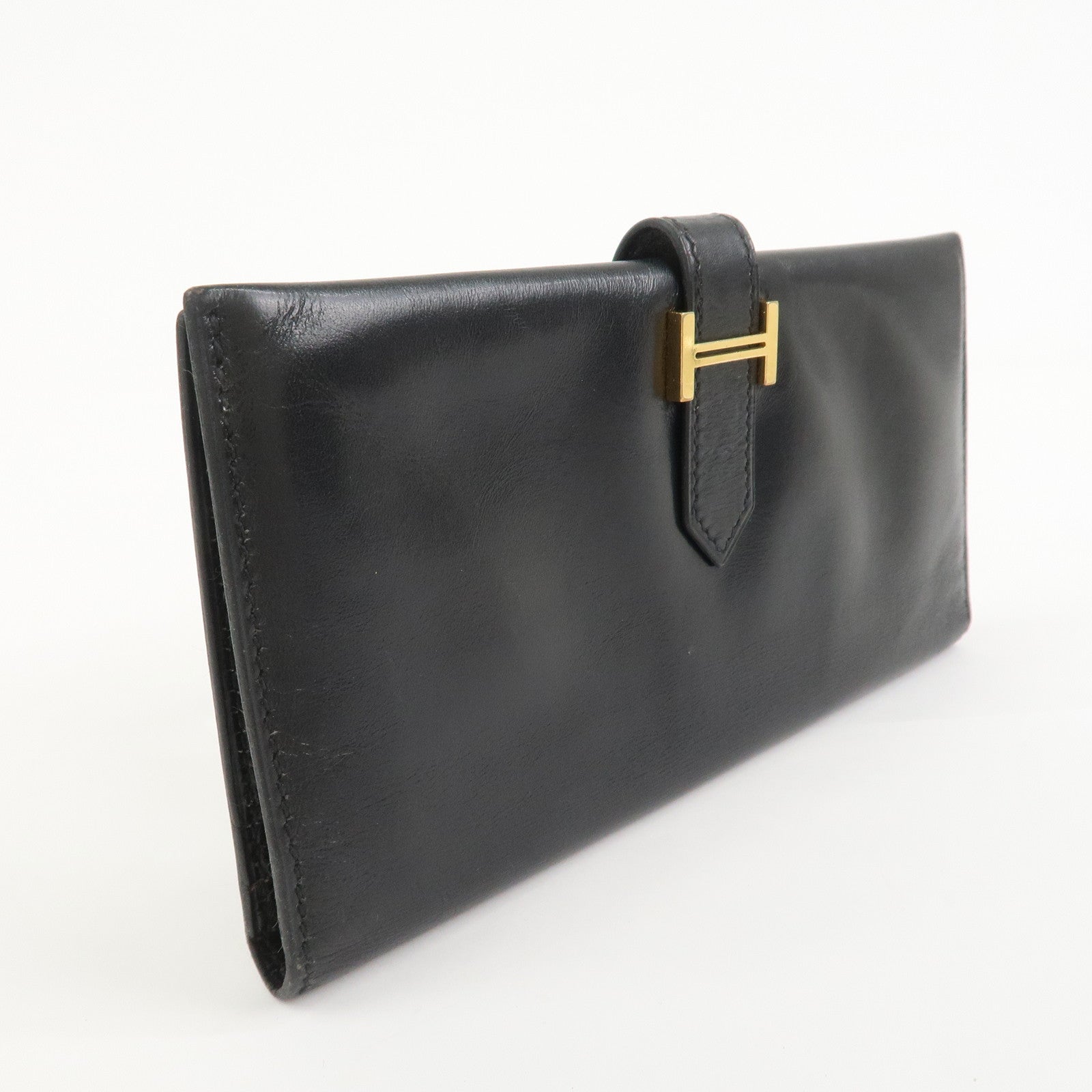 HERMES Bearn Classic Box Calf □E Stamped Bi-Fold Long Wallet Black