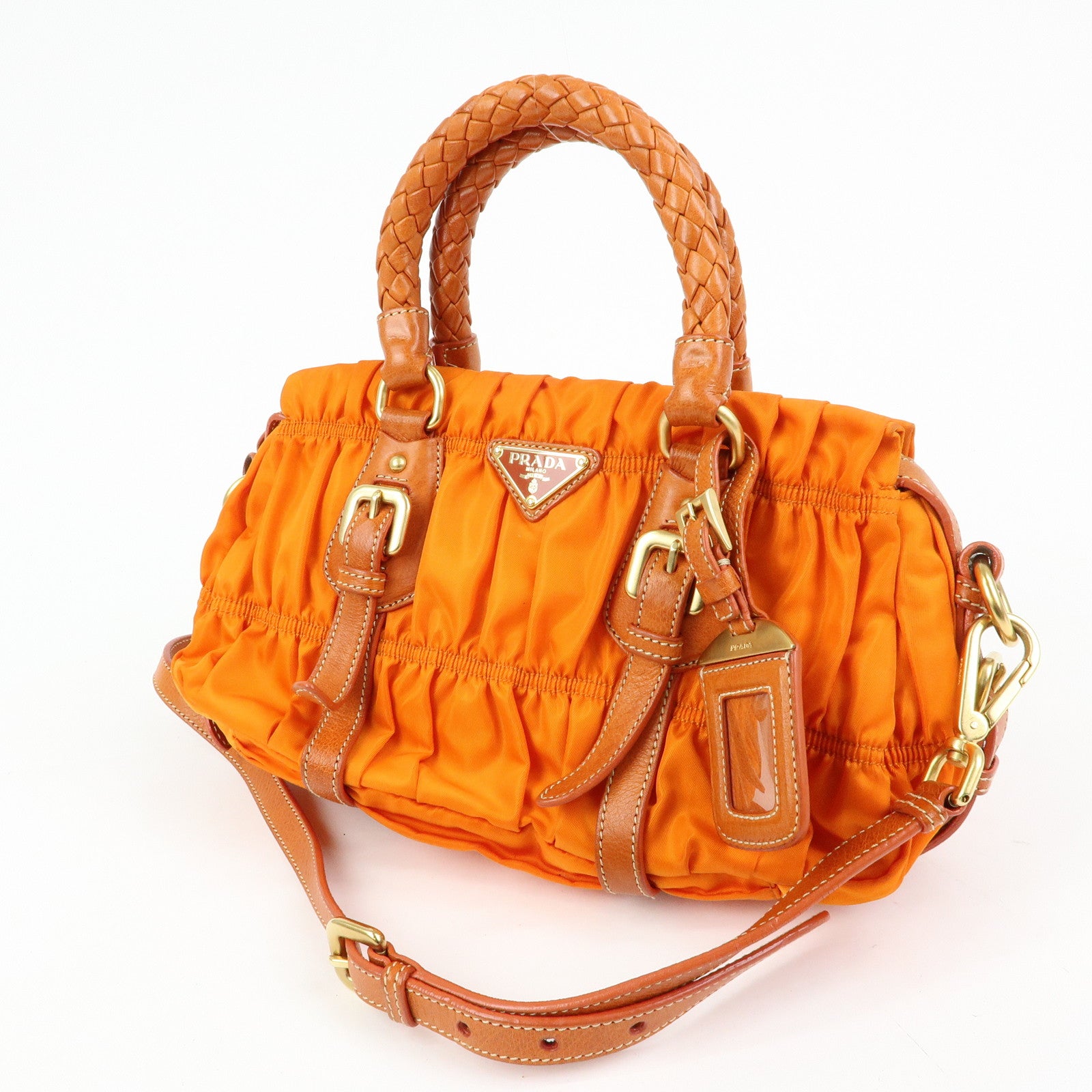 PRADA Triangle Logo Nylon Leather 2Way Bag Hand Bag Orange