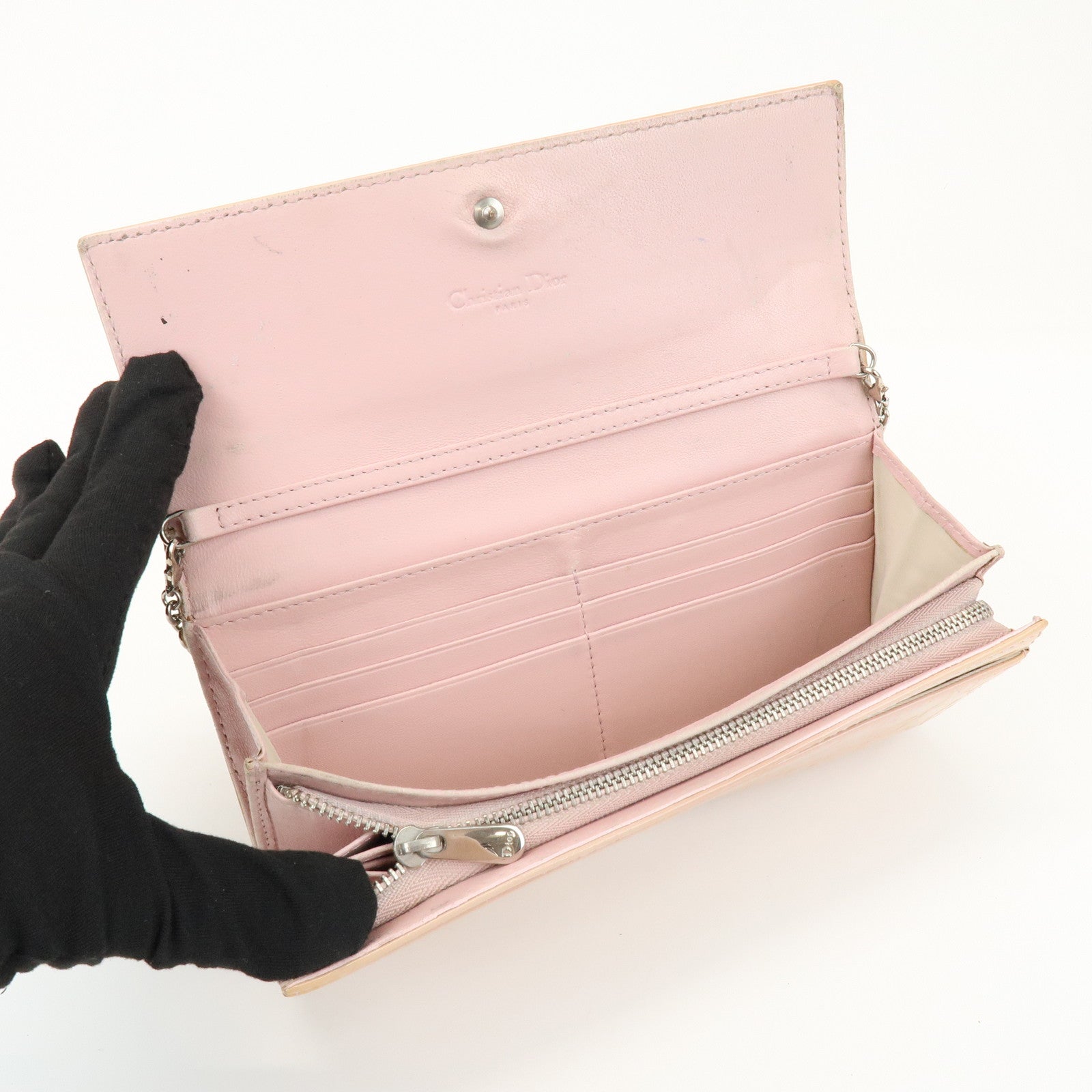 Christian Dior Patent Leather Chain Wallet Long Wallet WOC Beige