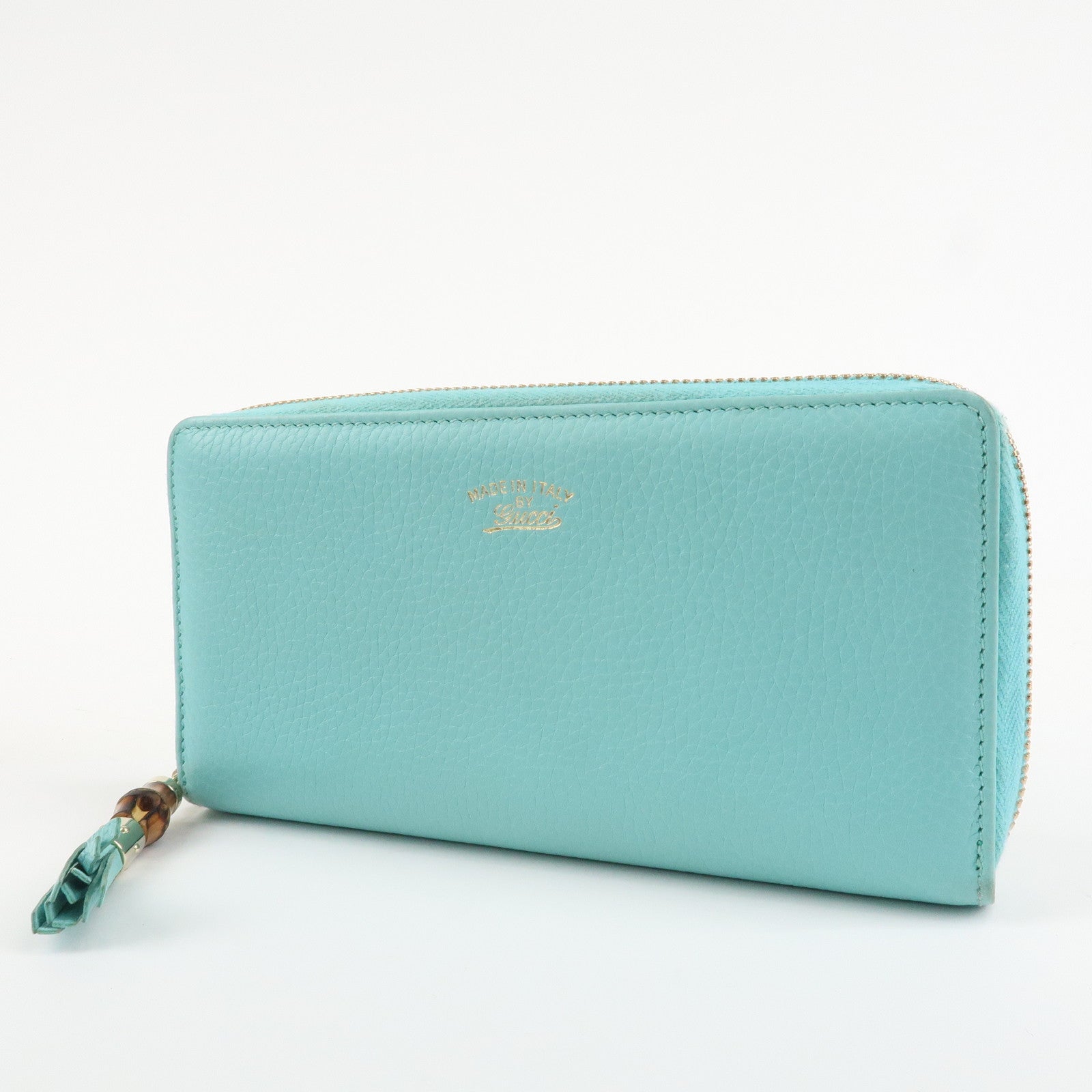GUCCI Bamboo Leather Round Zippy Wallet Long Wallet Light Blue 307984 Used