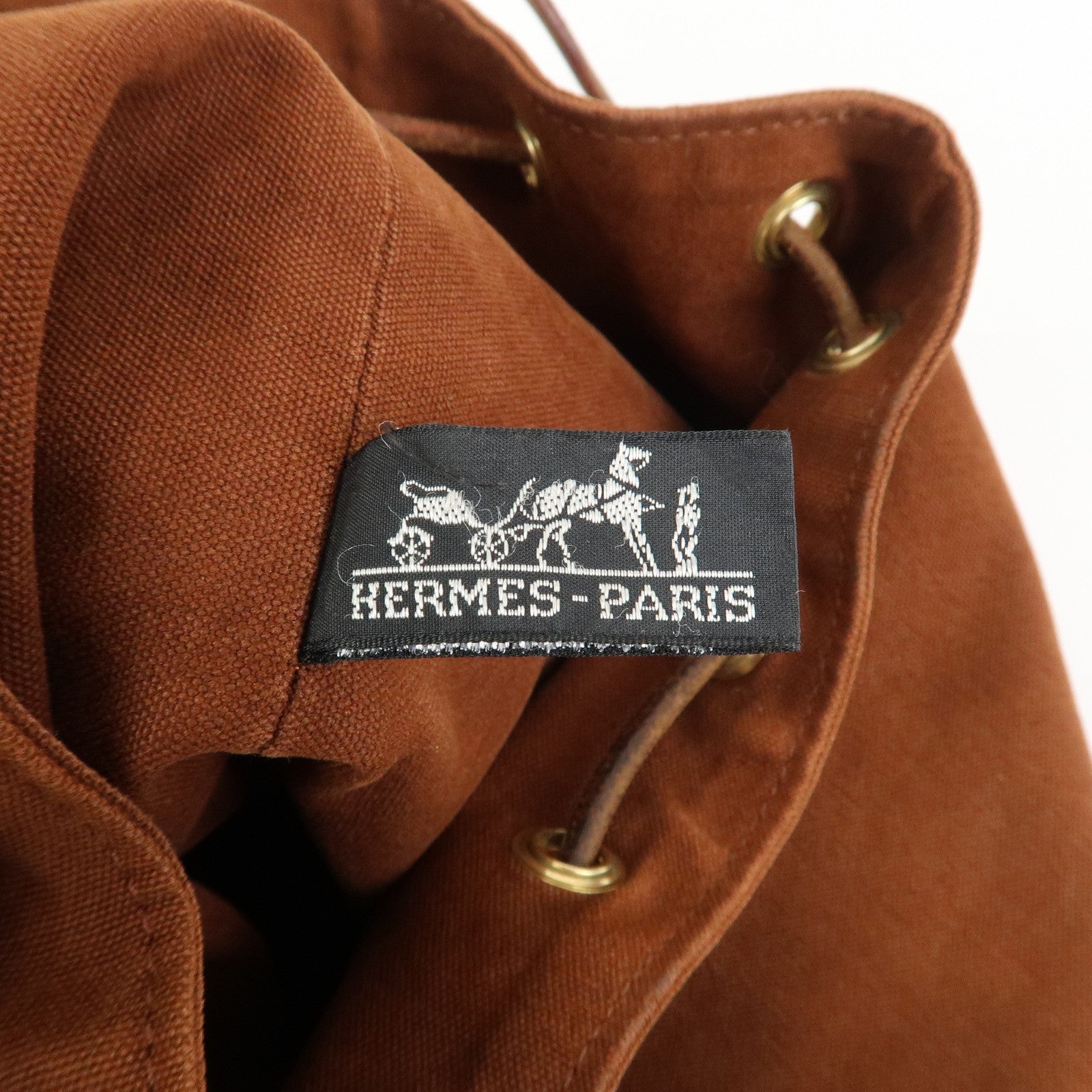 HERMES Canvas Leather Porochon Mimil PM Drawstring Backpack Brown