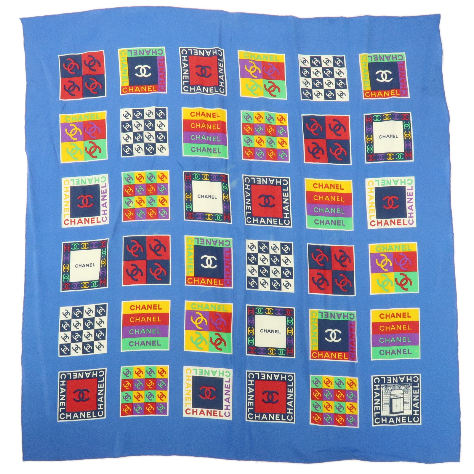 CHANEL COCO Mark Silk 100% Scarf Logo Print Blue Multicolor