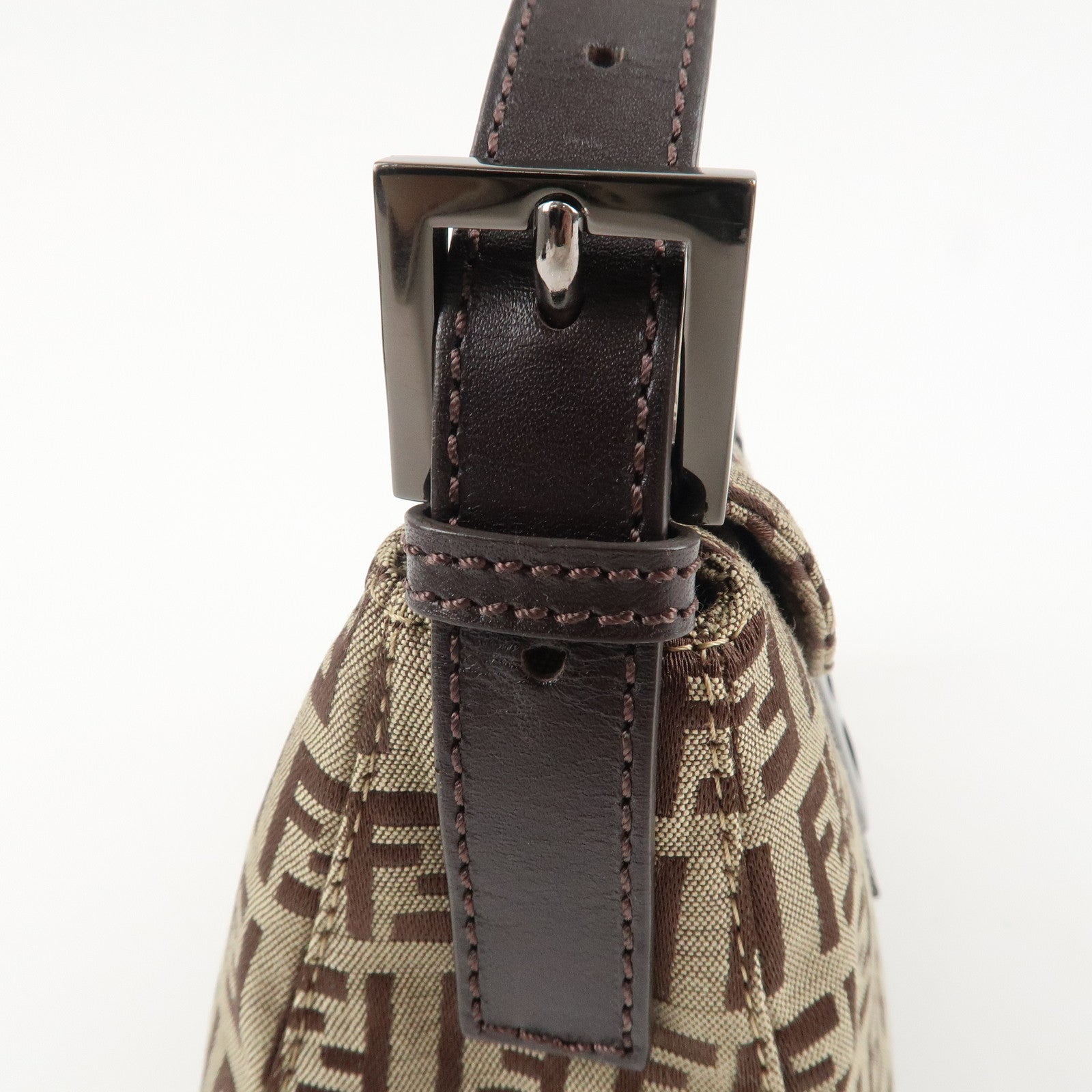 FENDI Mamma Baguette Zucchino Canvas Leather Hand Bag Brown 8BR003 Used