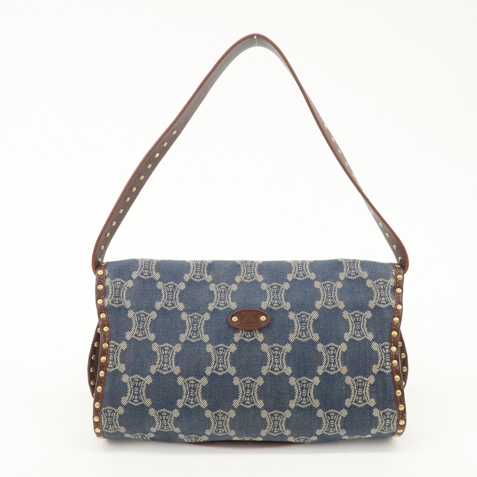 CELINE Macadam Studs Denim Leather Shoulder Bag Dark Brown Navy Used