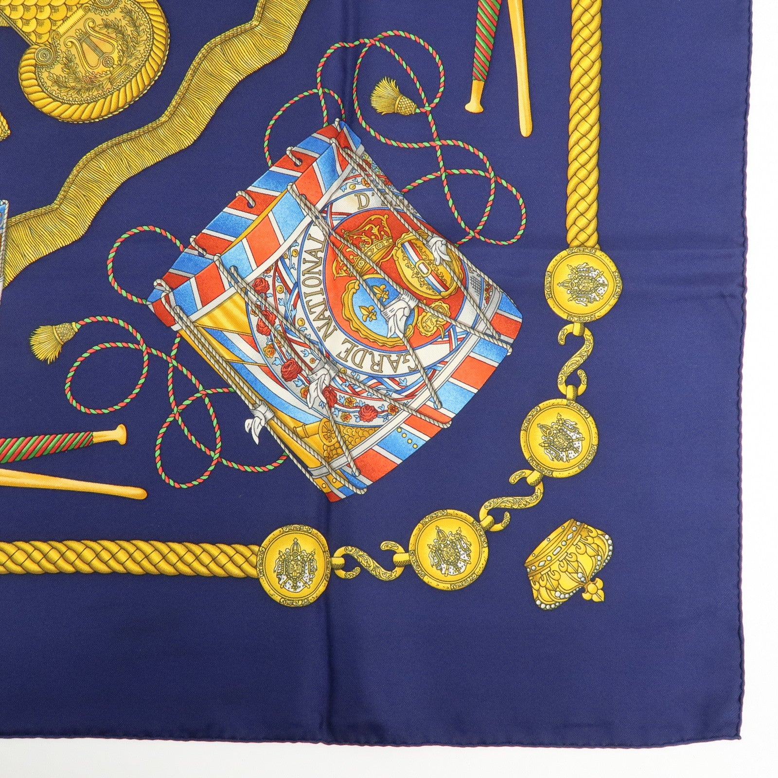 HERMES Carre 90 Silk 100% Scarf LES TAMBOURS Navy Yellow