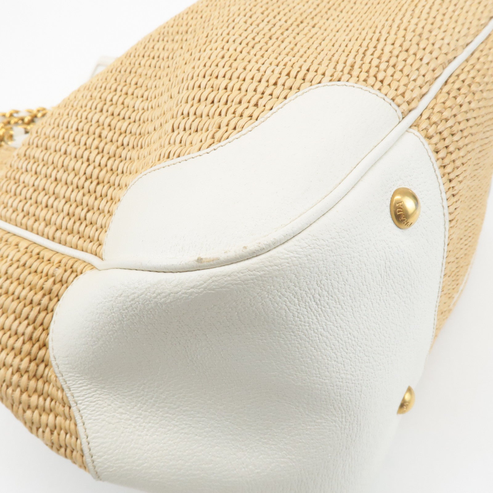 PRADA Triangle Leather Raffia Shoulder Bag Straw Bag Beige BR3693 Used