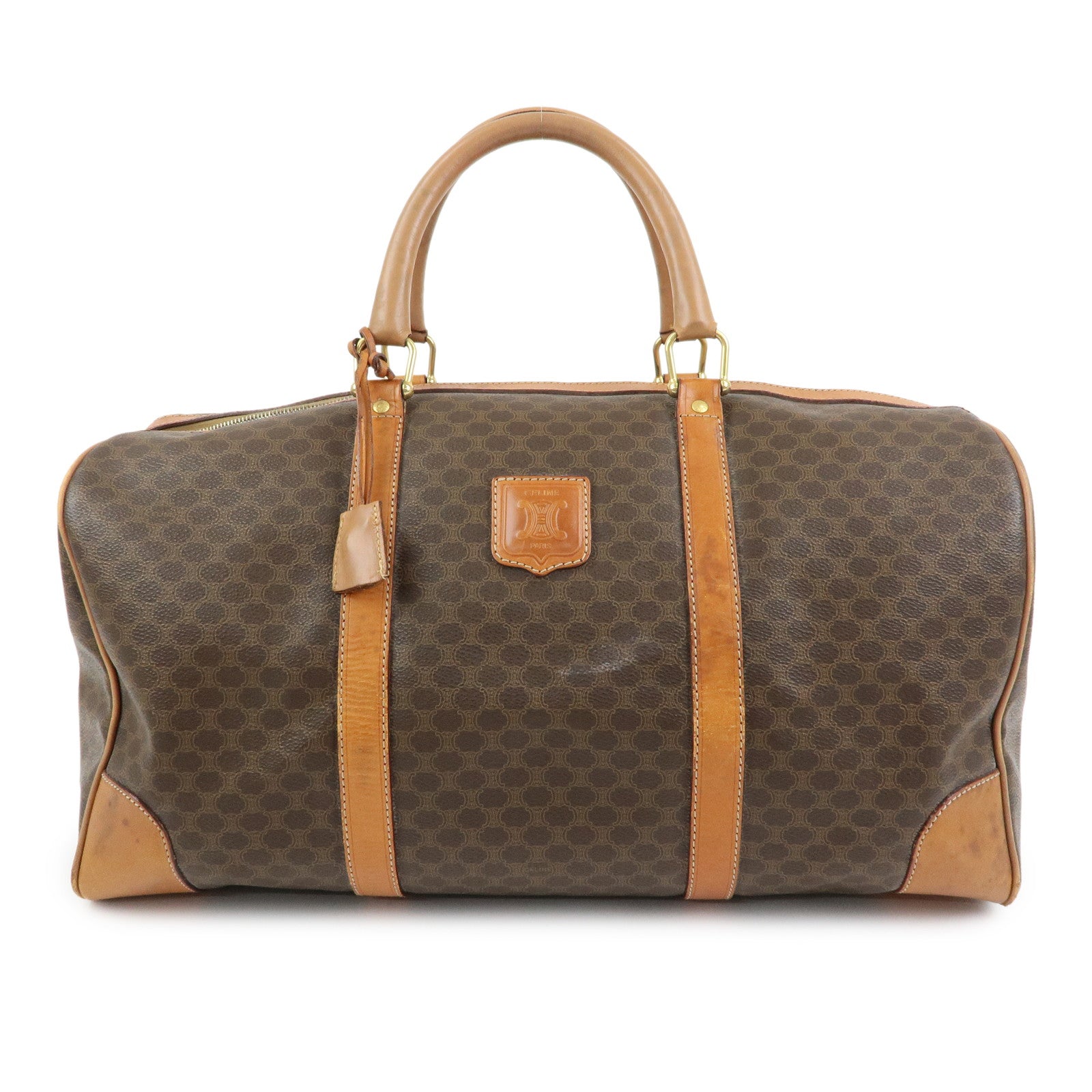 CELINE Logo Macadam PVC Leather Boston Bag Hand Bag Brown