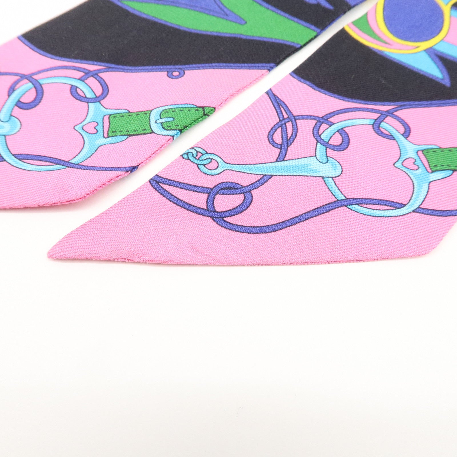 HERMES Silk 100% Twilly Scarf FOLKLORE Black Pink Used