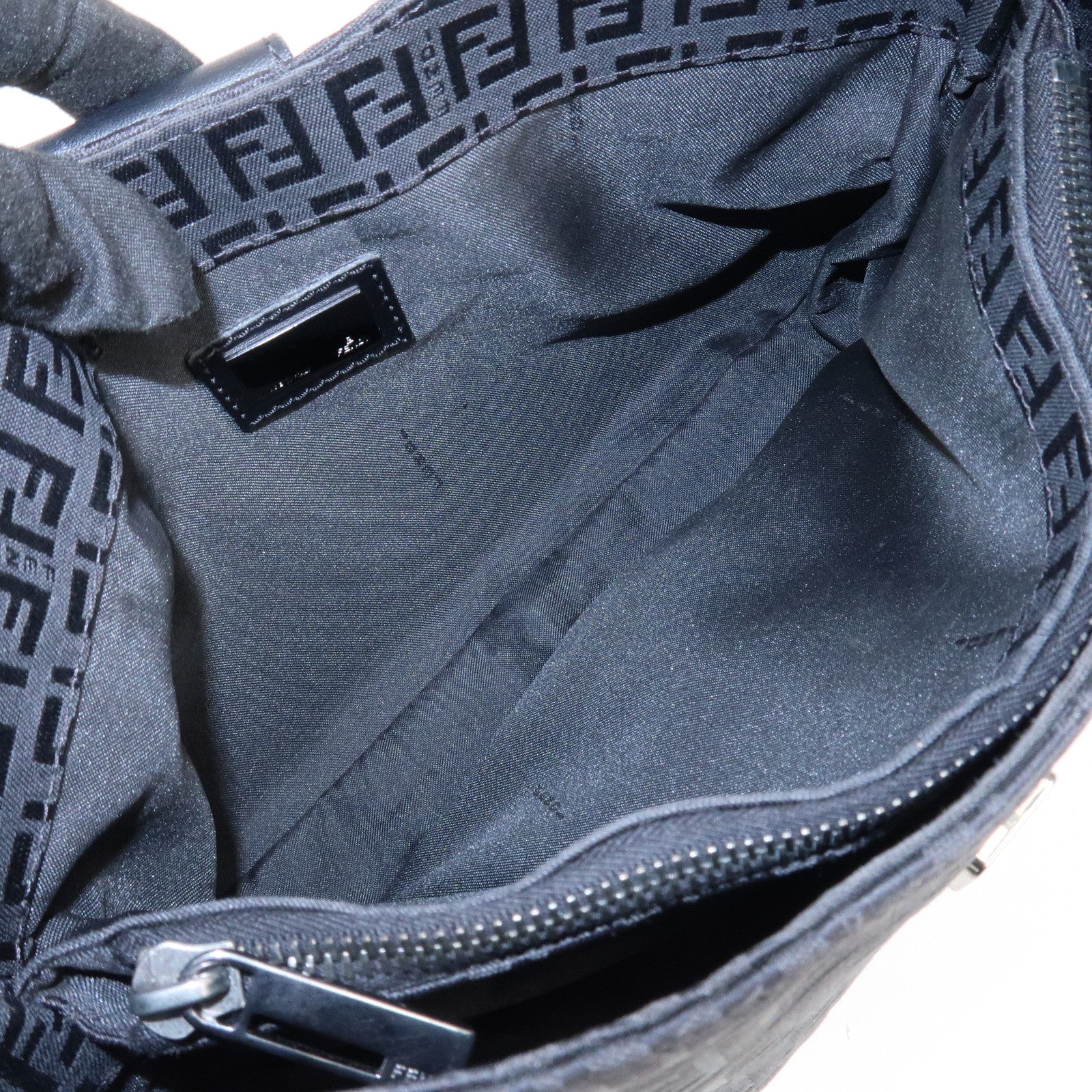 FENDI Zucchino Leather Canvas Shoulder Bag Black Used