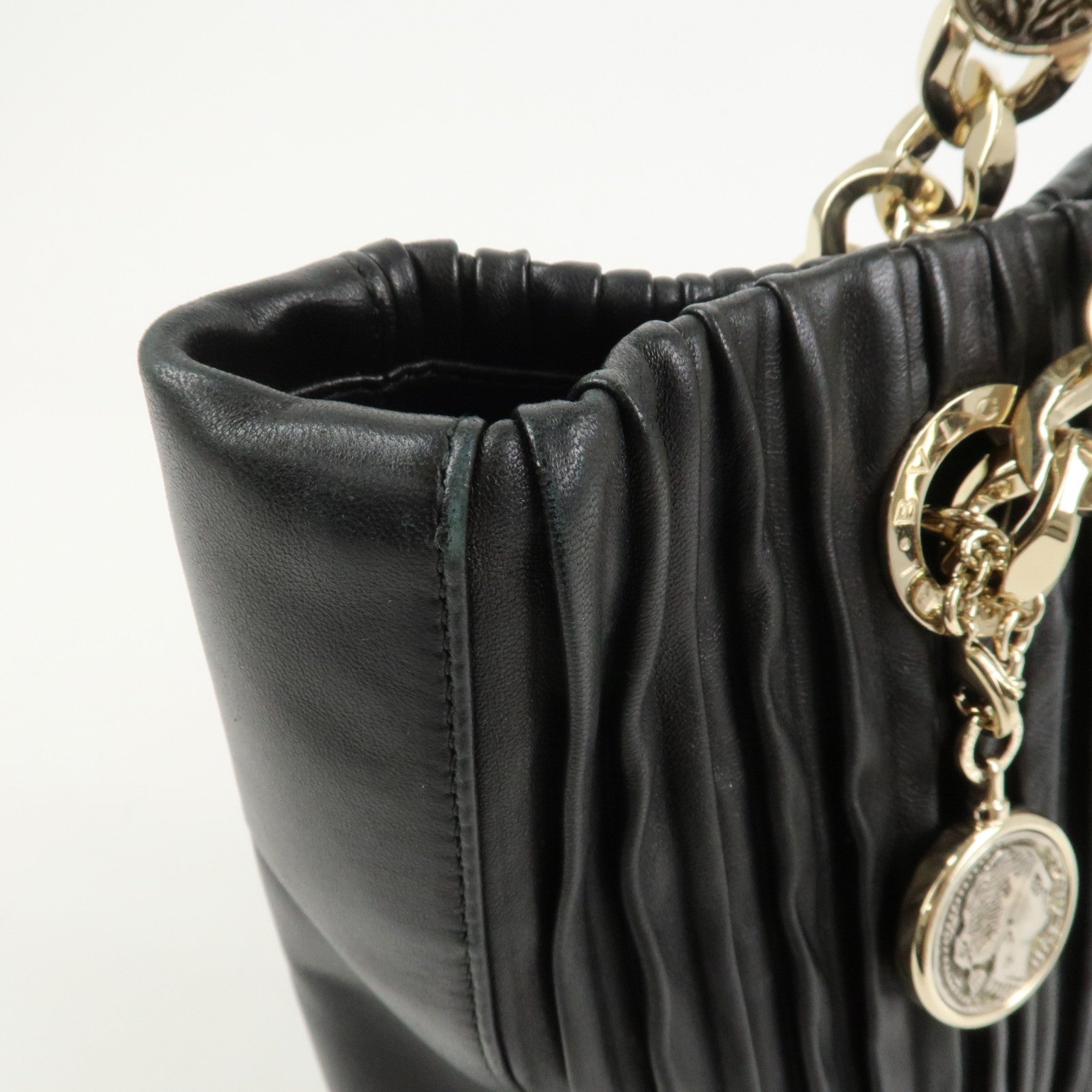 BVLGARI Monete Nappa Plisse Chain Shoulder Bag Tote Bag Black