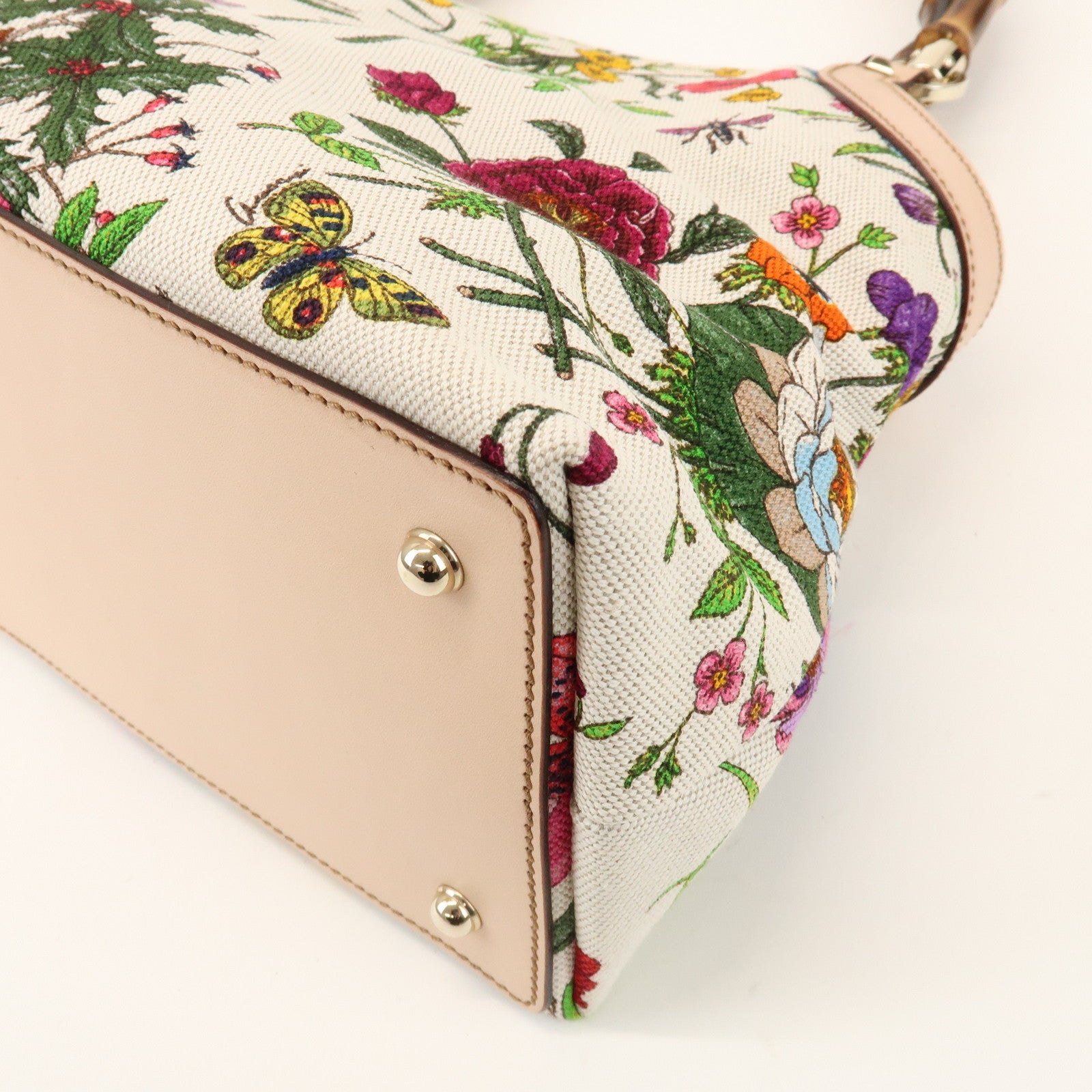 GUCCI Bamboo Flora Canvas Leather Hand Bag Multicolor Beige 137395