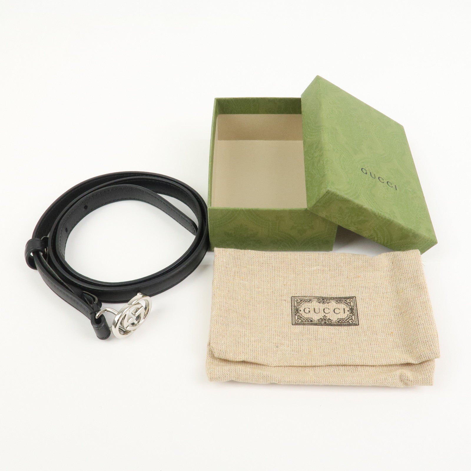 GUCCI Interlocking G Leather Belt Black Silver 69-79cm 214351