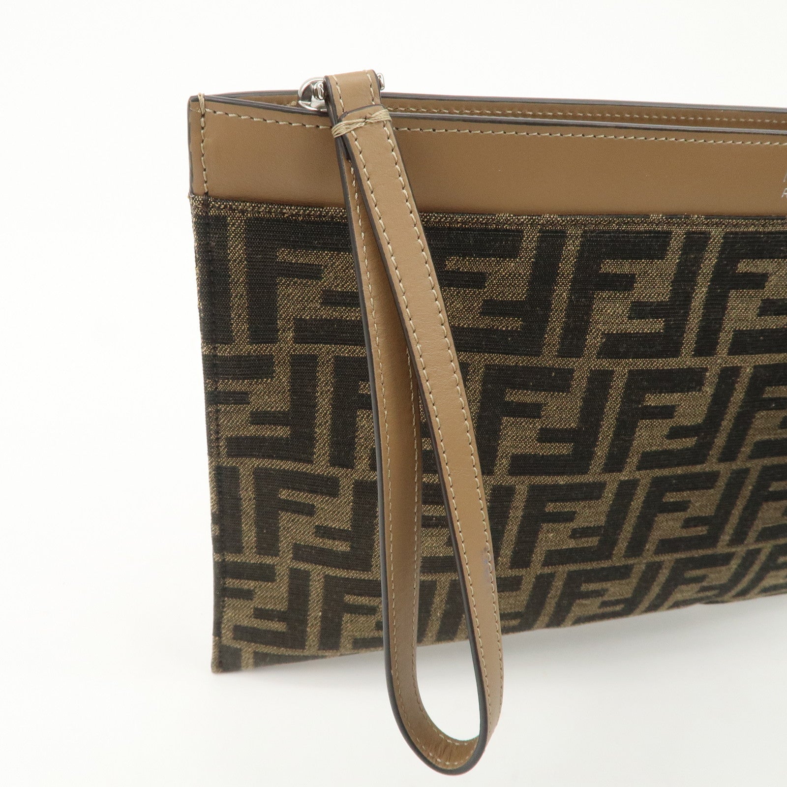 FENDI Zucca Leather Canvas Slim Clutch Bag Medium Brown 7N0134