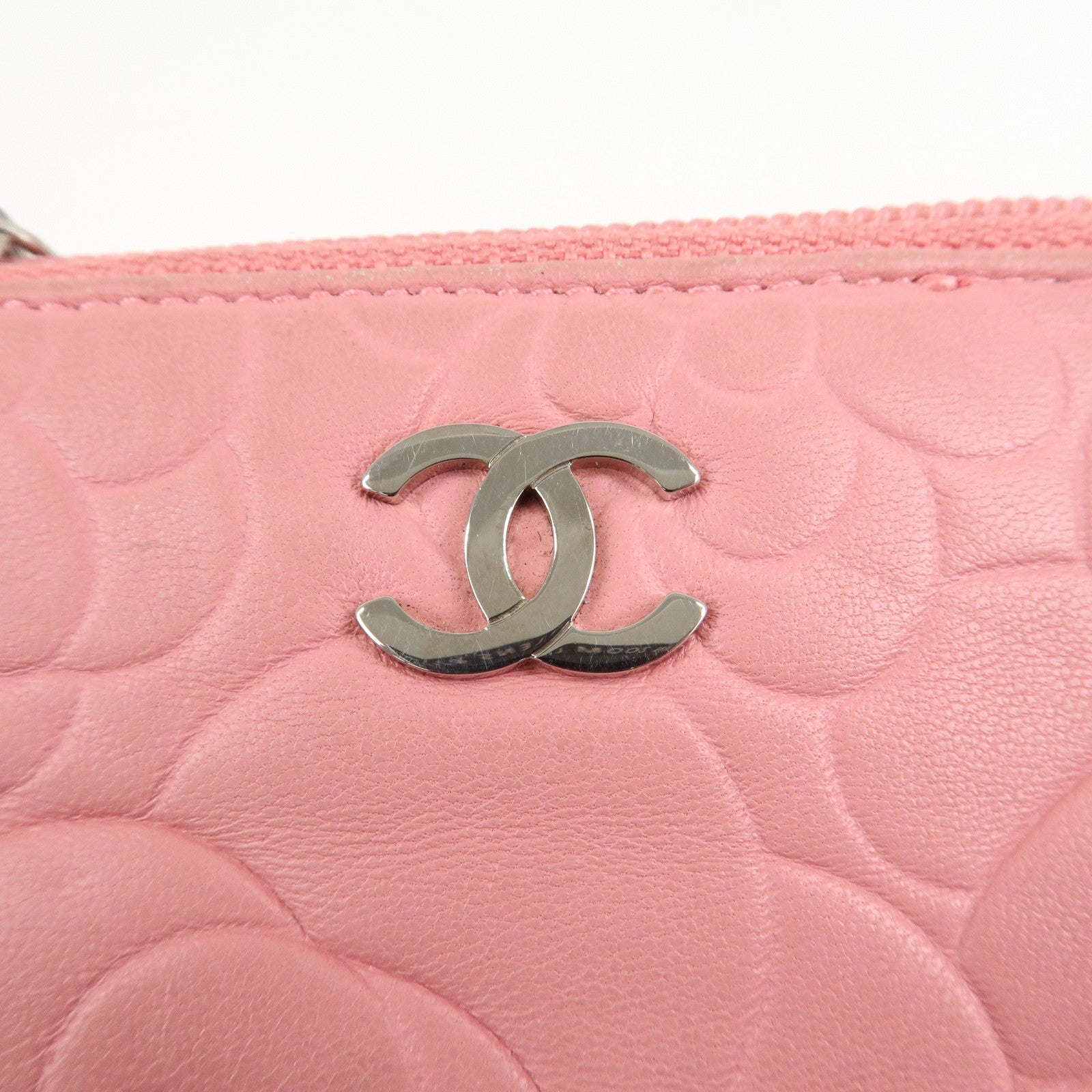 CHANEL Camellia Lamb Skin Leather Coin Case Pink