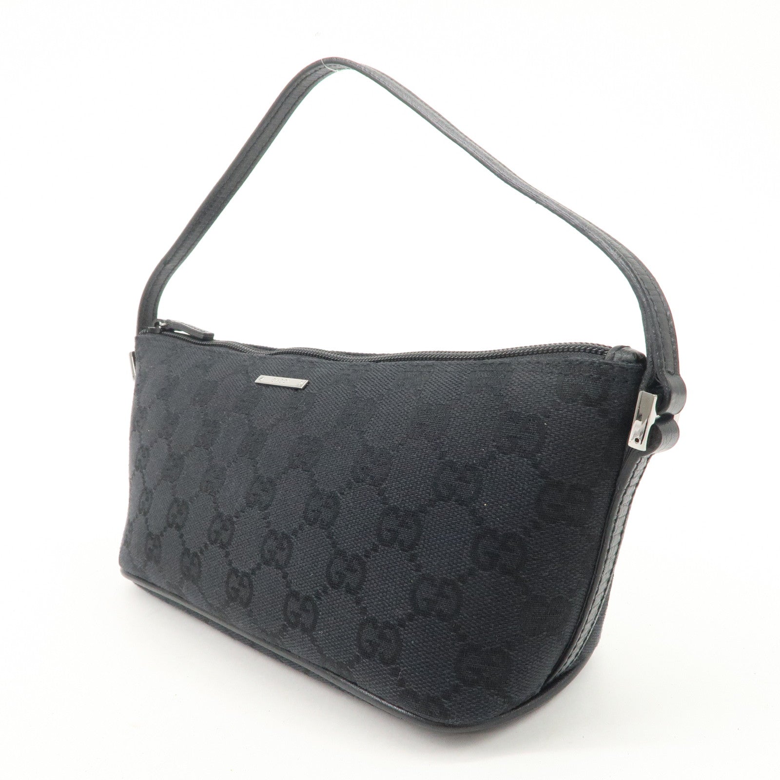 GUCCI Boat Bag GG Canvas Leather Hand Bag Black 07198 Used