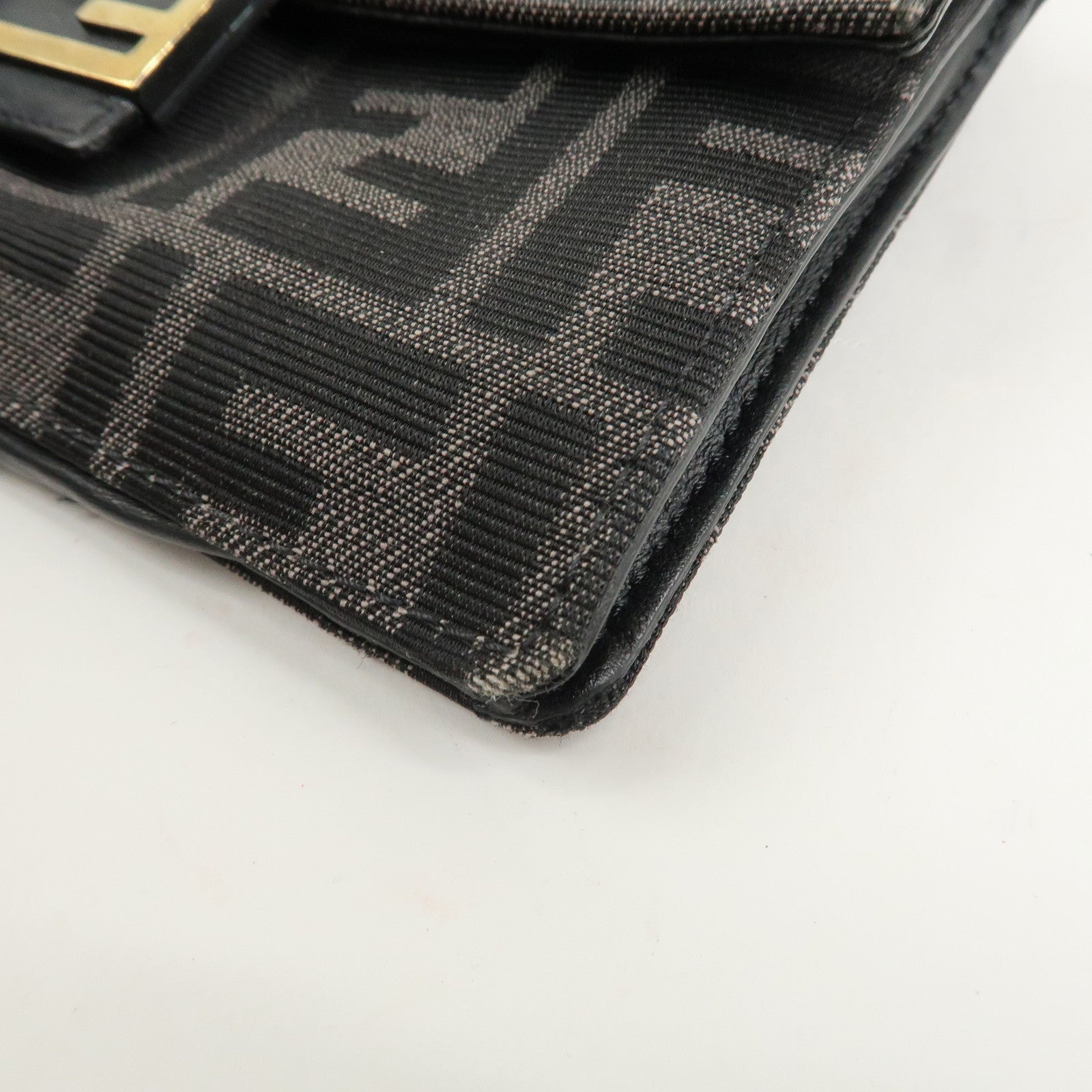 FENDI Zucca Leather Canvas Baguette Slim Clutch Bag Black 7M0295 Used