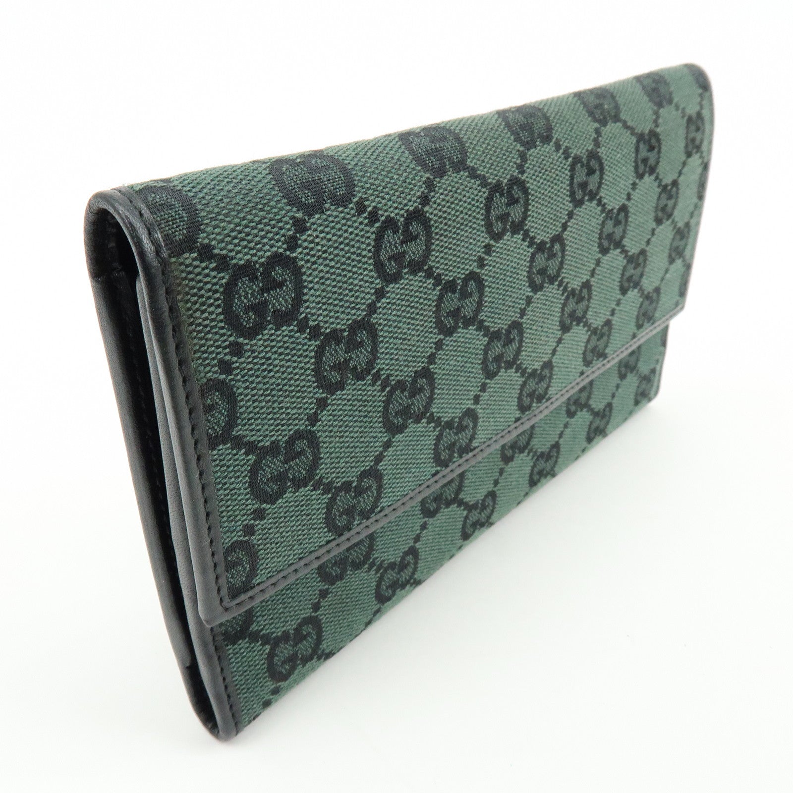 GUCCI GG Canvas Leather Long Wallet Green Black 257303