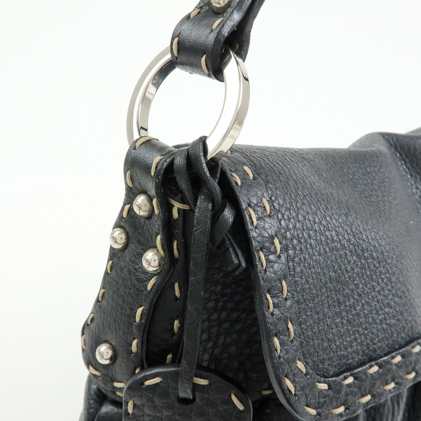 FENDI Selleria Leather Shoulder Bag Hand Bag Black 8BR356