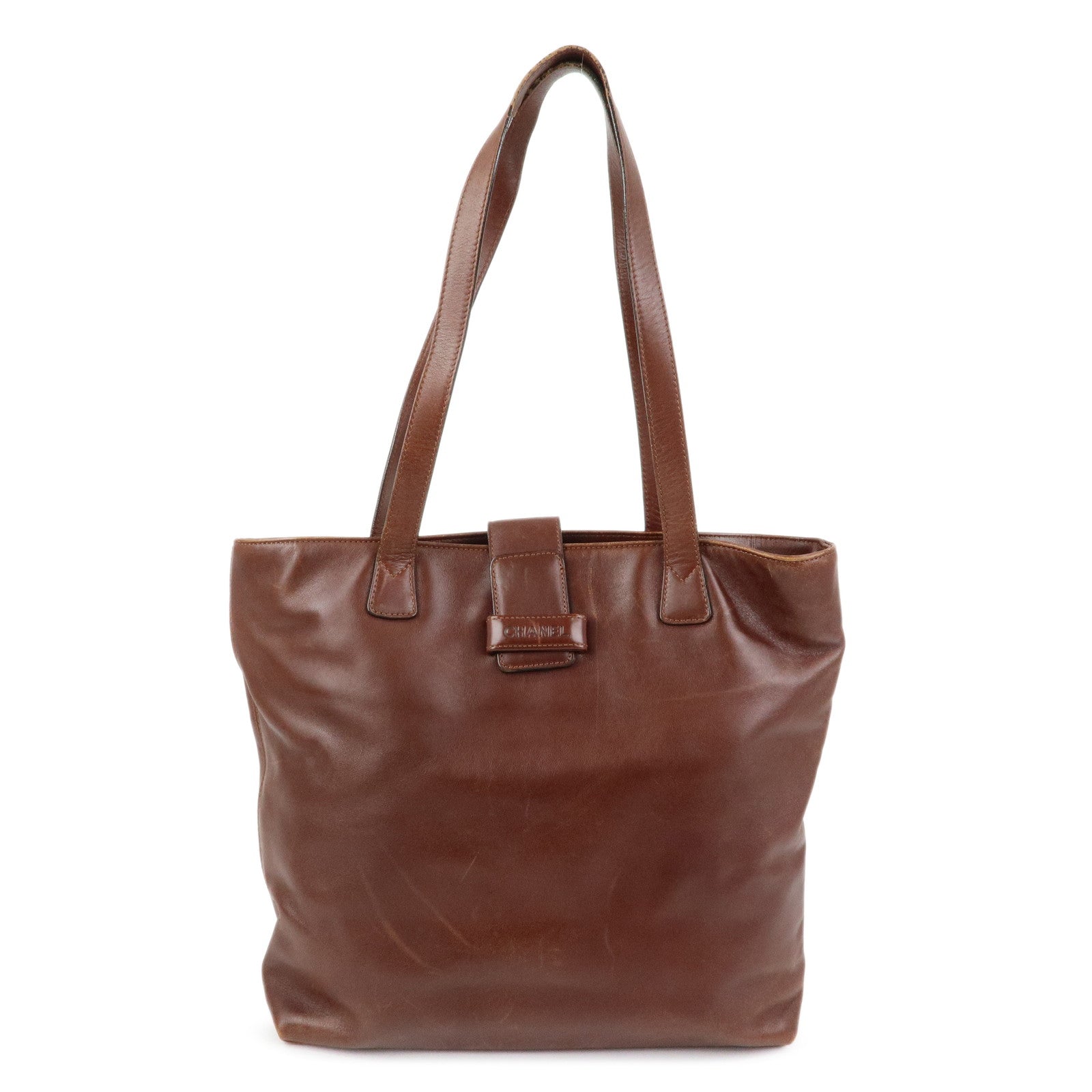 CHANEL Logo Leather Tote Bag Shoulder Bag Red Brown