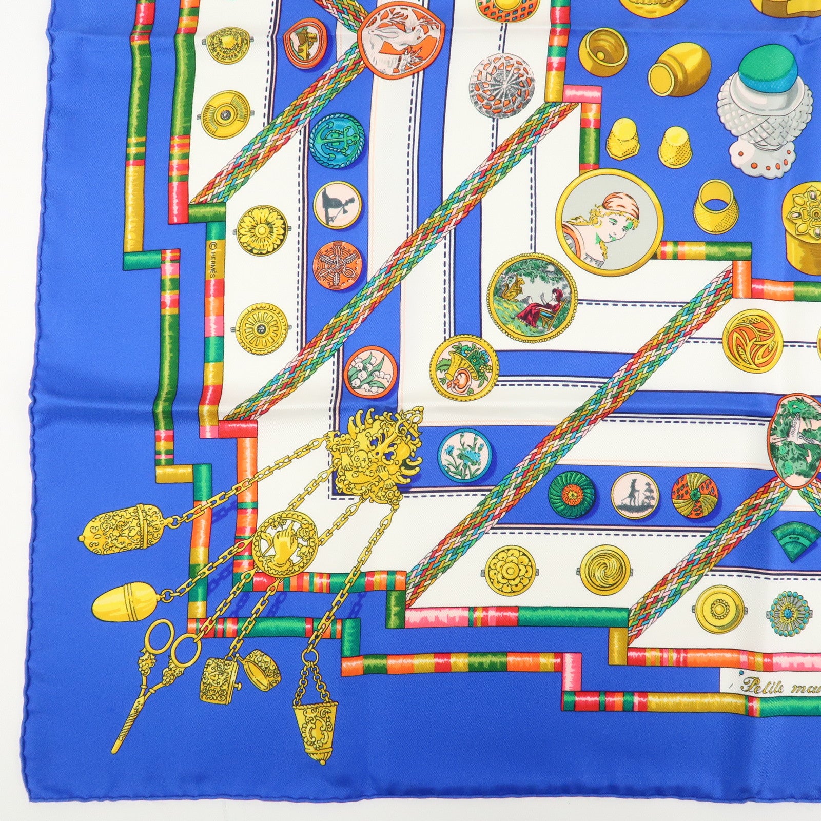 HERMES Carre 90 Silk 100% Scarf Petite main Blue White