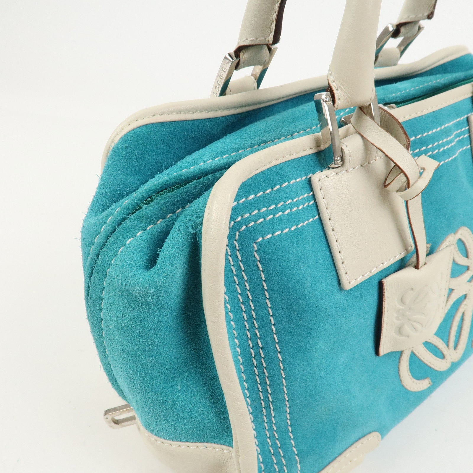 LOEWE Anagram Suede Leather Amazona 28 Hand Bag Blue White