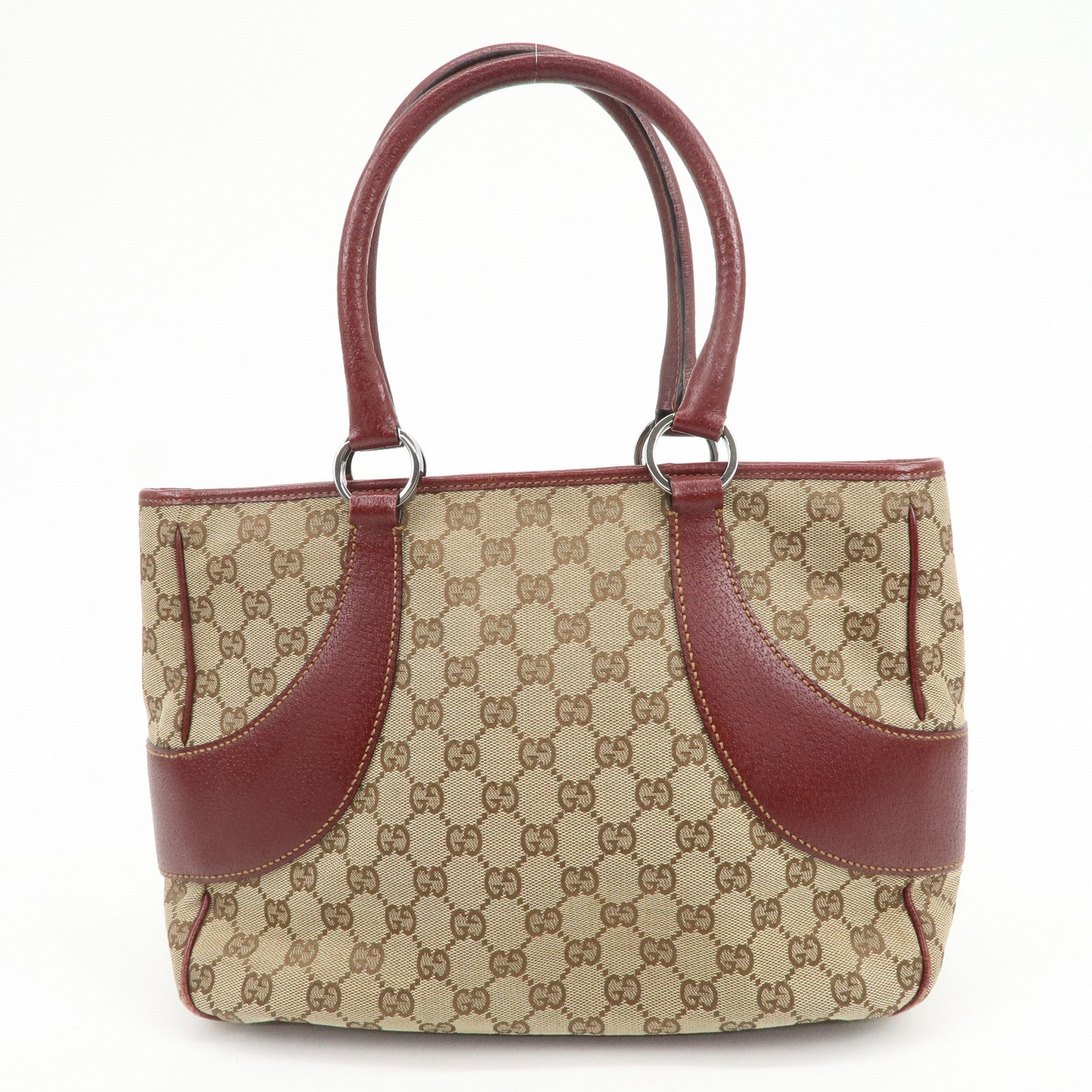 GUCCI GG Monogram Canvas Leather Tote Bag Beige Bordeaux 113011