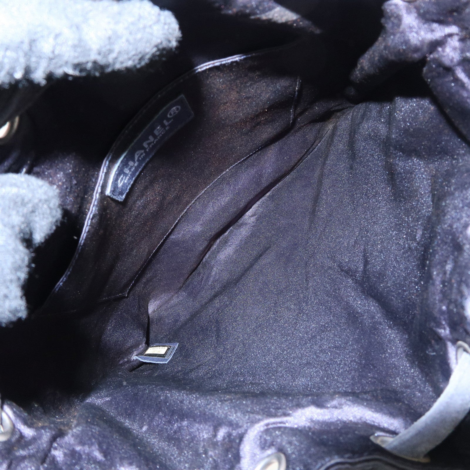 CHANEL Matelasse Satin Suede Drawstring Back Pack Black Used