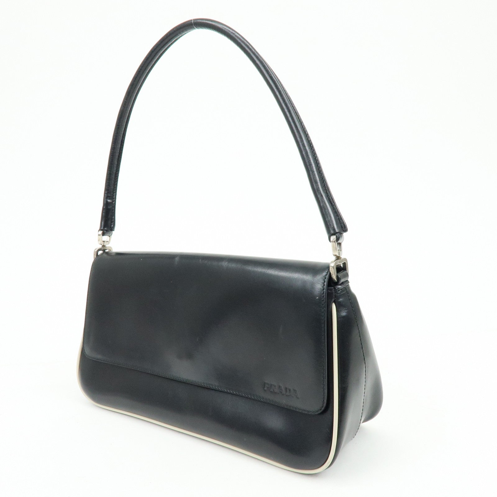 PRADA Logo Leather Shoulder Bag Hand Bag Black White