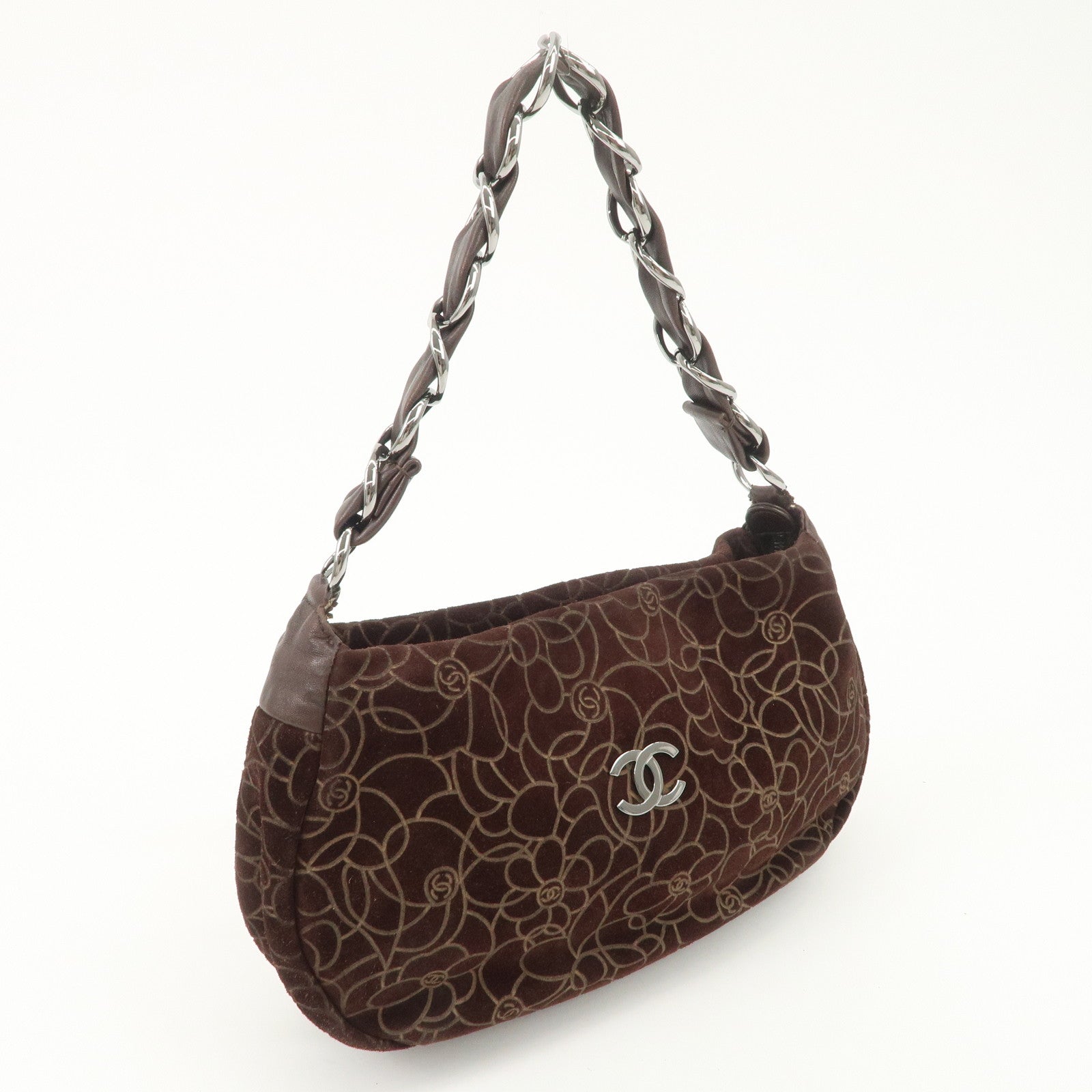 CHANEL Cameria Suede Shoulder Bag Brown Silver Hardware Used