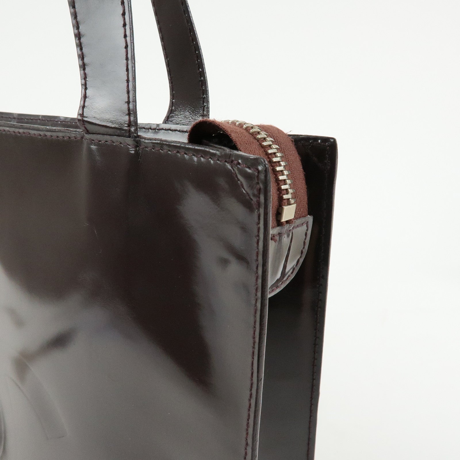 CHANEL Logo Patent Leather Tote Bag Shoulder Bag Brown