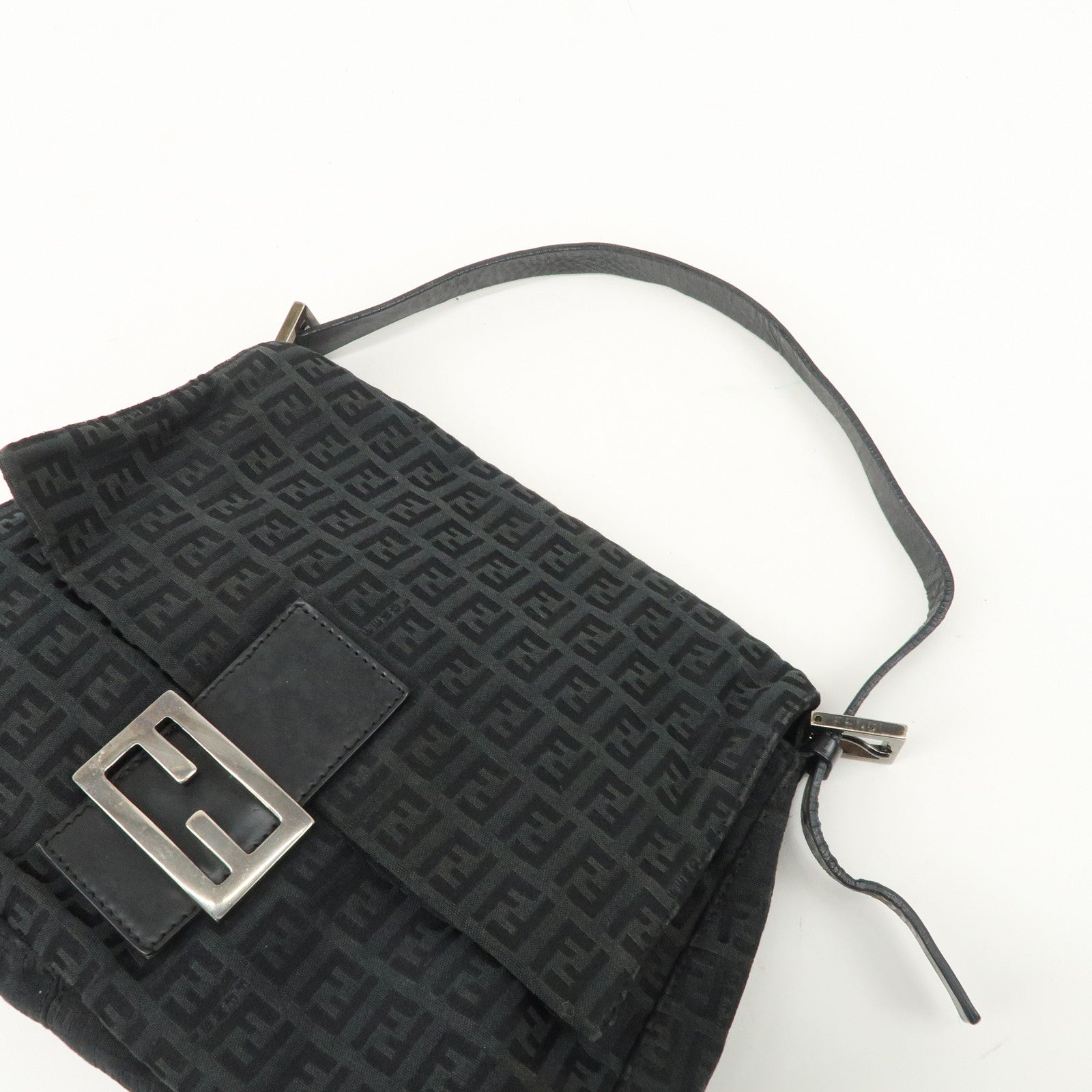 FENDI Mamma Baguette Zucchino Leather Canvas Shoulder Bag Black 8BR001 Used