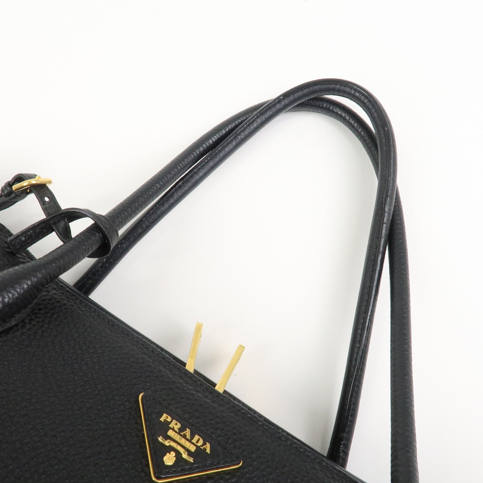 PRADA Triangle Logo Leather 2 Way Bag Hand Bag Black 1BA127
